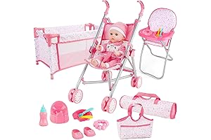 deAO Kids Baby Doll Nursery Role Play Set with Stroller, Crib, Bed and Play Mat