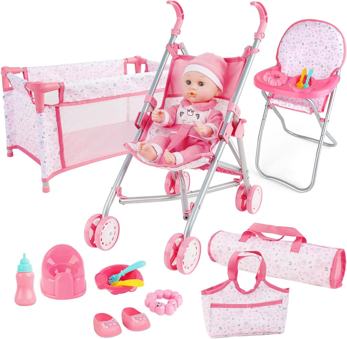deAO Baby Doll Stroller Crib Set Baby Dolls Accessories with High Chair | 5-in-1 Nursery Playset,Foldable Stroller Toy,Travel Bag,Christmas Birthday Gifts for Girls Boys Toddler Ages 3+,15Pcs