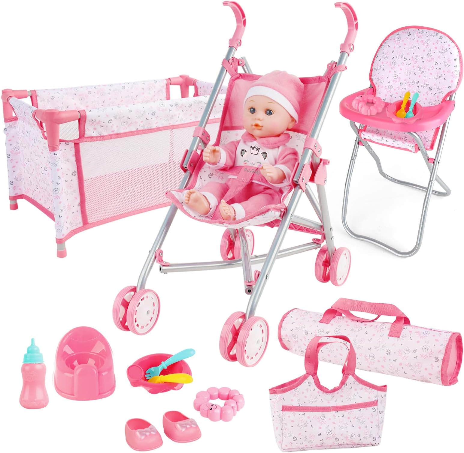 Baby Doll Stroller Playset with Foldable Stroller, Travel Cot & Highchair, Doll Accessories Set Includes Travel Bag and Nursery Role Play Toys for Kids Girls Boys 3+ Years Old