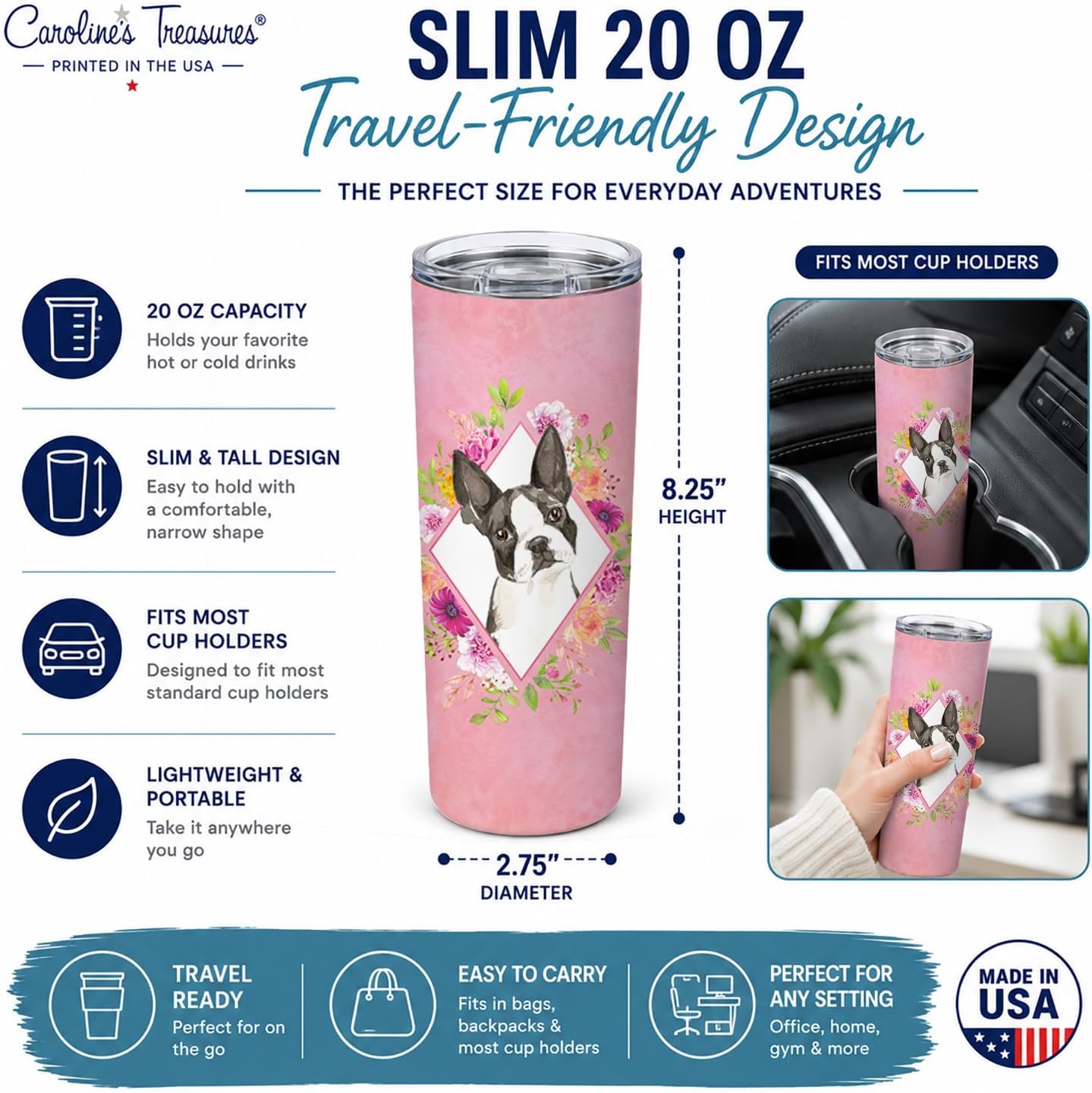 Caroline's Treasures CK4257TBL20 Boston Terrier Pink Flowers Stainless Steel 20 oz Skinny Tumbler Vacuum Double Walled Reusable Insulated Tumbler Travel Cup for Coffee Cocktails Gift with Lid, 20 oz image 5