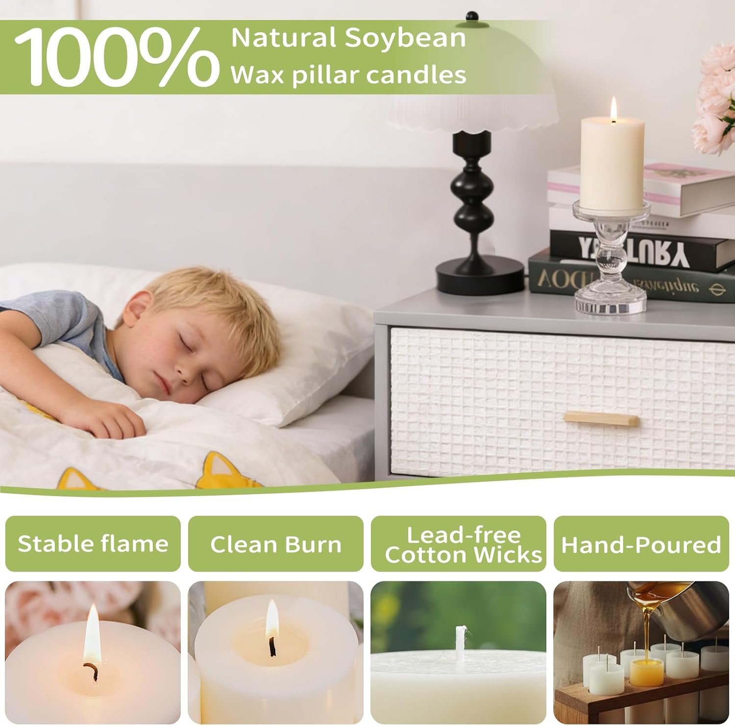 4 Pack Soy Wax White Pillar Candles,56H Long Lasting Burning,Natural Soybean Hand-Poured Pillar Candles,Smokeless,Non Toxic,Unscented for Dinner Table Centerpieces,Spa,Meditation & Wellness-2.8x4in