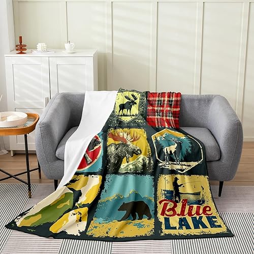 Oso de caza rústico de forro polar para niños, decoración de cabaña para niños, estilo vintage, bosque, vida silvestre, alce, franela retro, a