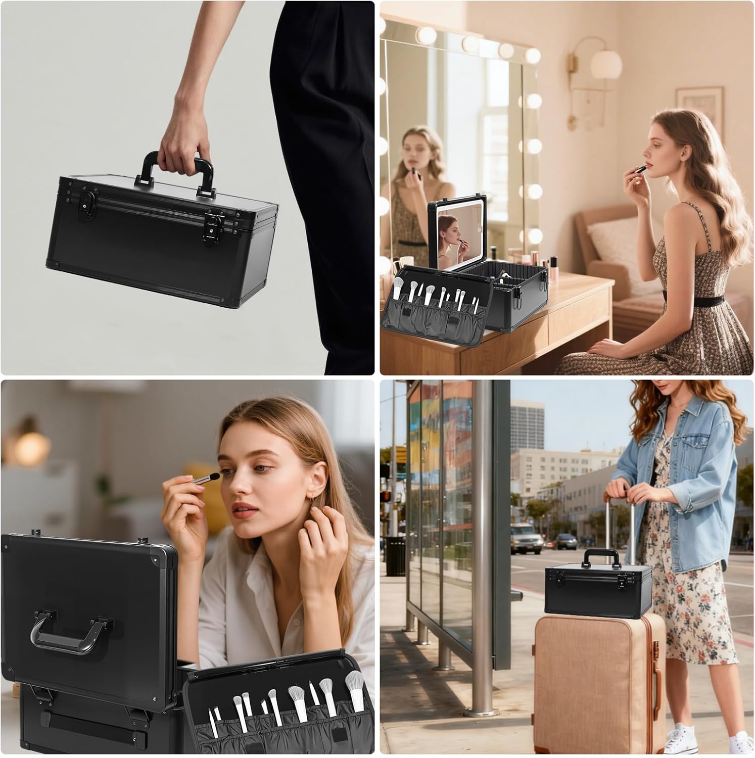 CHENGLIN Makeup Case with Lighted Mirror – Waterproof Travel Train Case, Cosmetic Organizer with Adjustable Dividers, Magnetic LED Mirror, Portable Makeup Suitcase for Women, Black