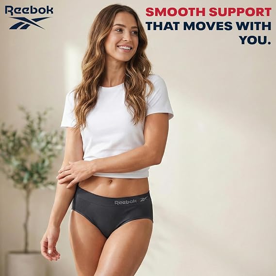 Reebok Women's Hipster Panties 3 Pack Stretch Performance Bonded Seamless Panties for Women with Tag-Free Relaxed Waistband