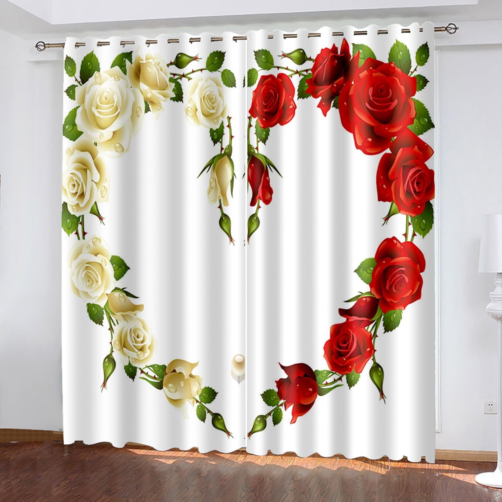 Fenstervorhänge Wohnzimmer, 234x274cm Weiß Rot Gelb Grün Herz mit Rosen Vorhang für Schlafzimmer/Wohnzimmer