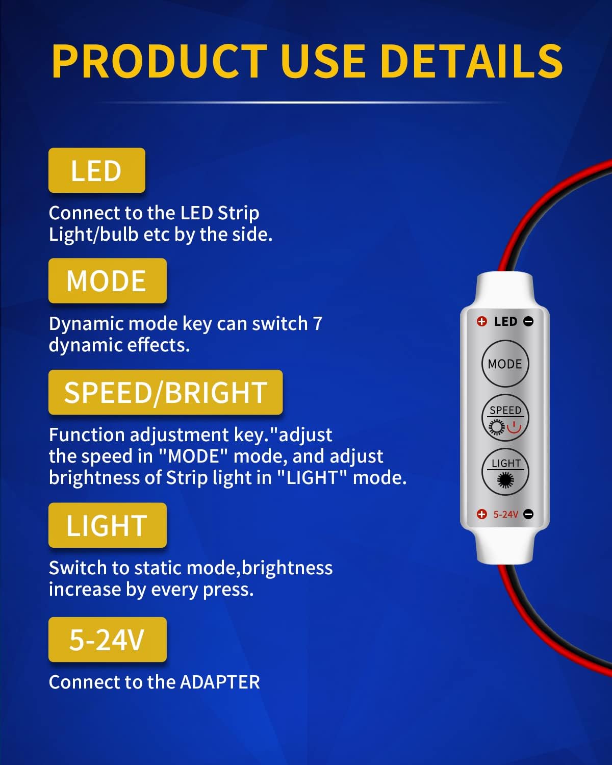 Close-up of the LED Flash Strobe Controller showing the three buttons: MODE, SPEED/BRIGHT, and LIGHT, with descriptions of their functions.