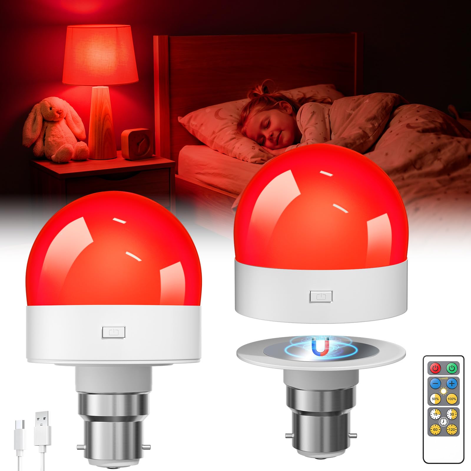 Klarlight 625nm Red Light Bulbs for Sleep, 1800mAh Rechargeable Magnetic Red Bulb with Timer, Memory, Dimmable Red Light Therapy Bulbs for Home, B22 Portable Lamp for Nursery Bedroom (2 Pack)
