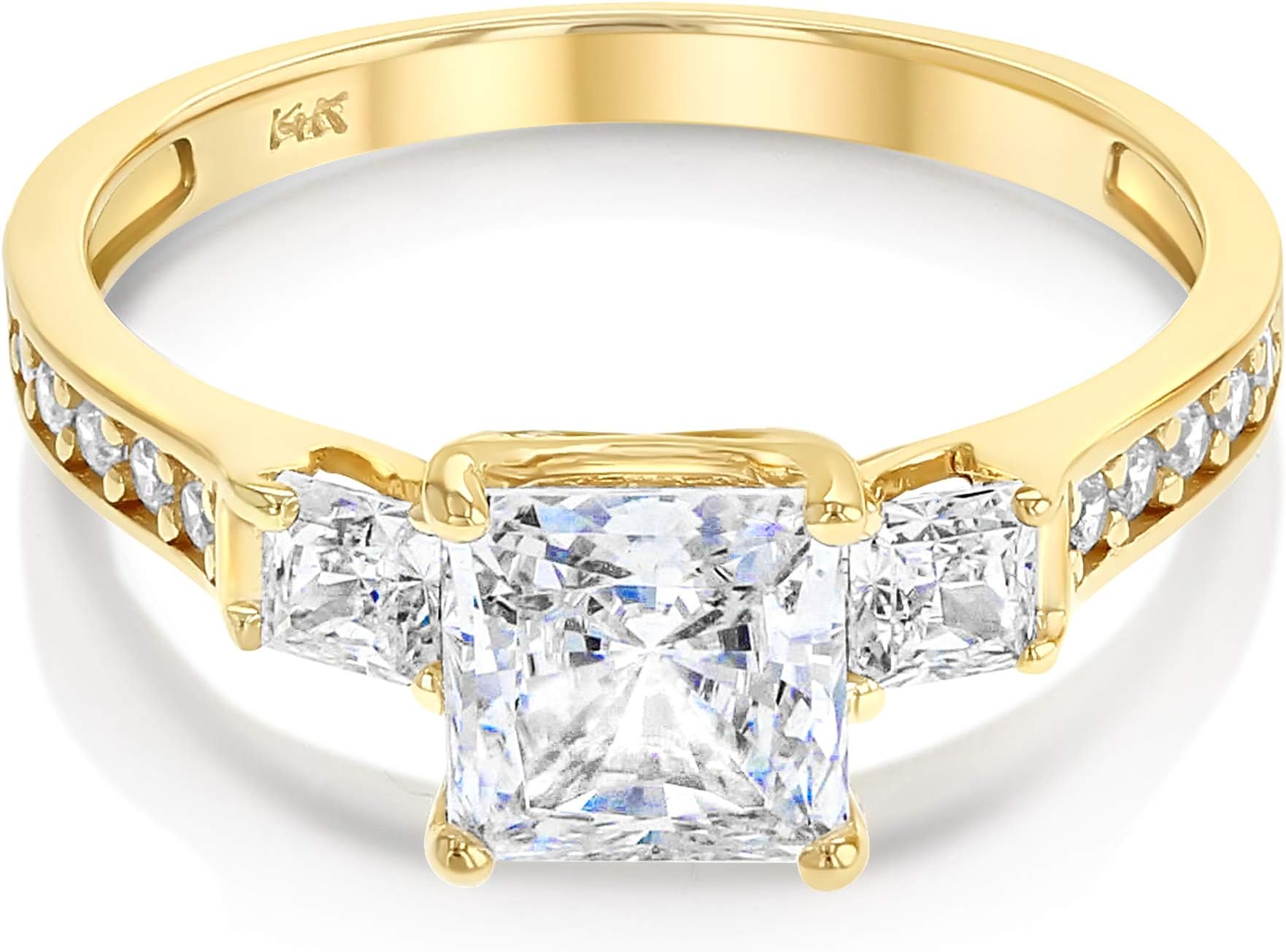 14K Solid White Gold 1.5 Ct. Princess Cut 3 Stone CZ Engagement Ring With Stones in Band - Size 4