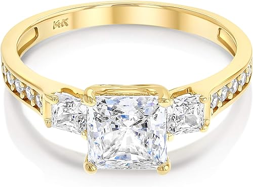 Ioka - Anillo de compromiso de circonita cúbica de talla princesa de 3 piedras de oro macizo de 14 quilates de 1,5 quilates para mujer Anillo de
