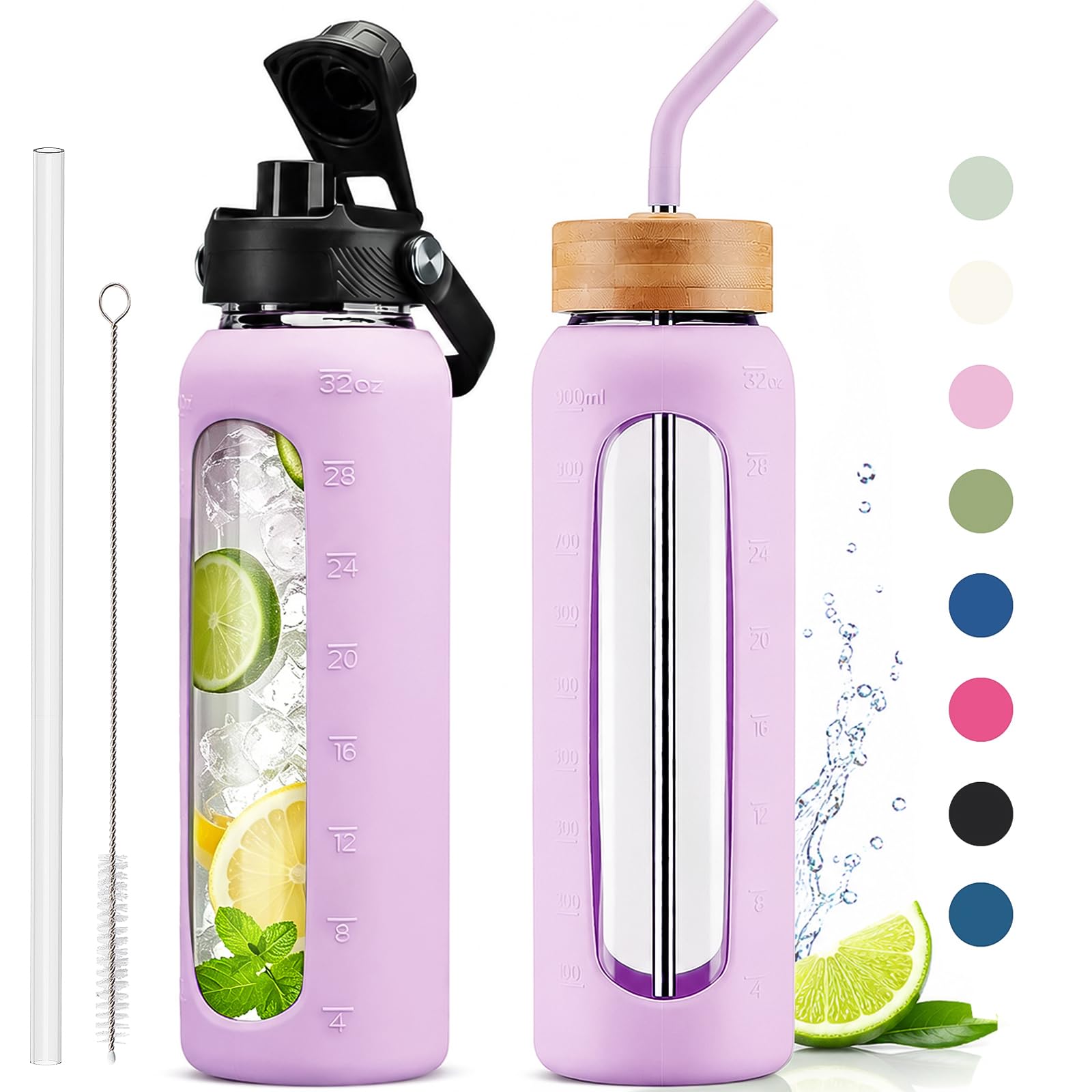 32 oz Glass Water Bottle with Straw and 2 Lids, Light Purple