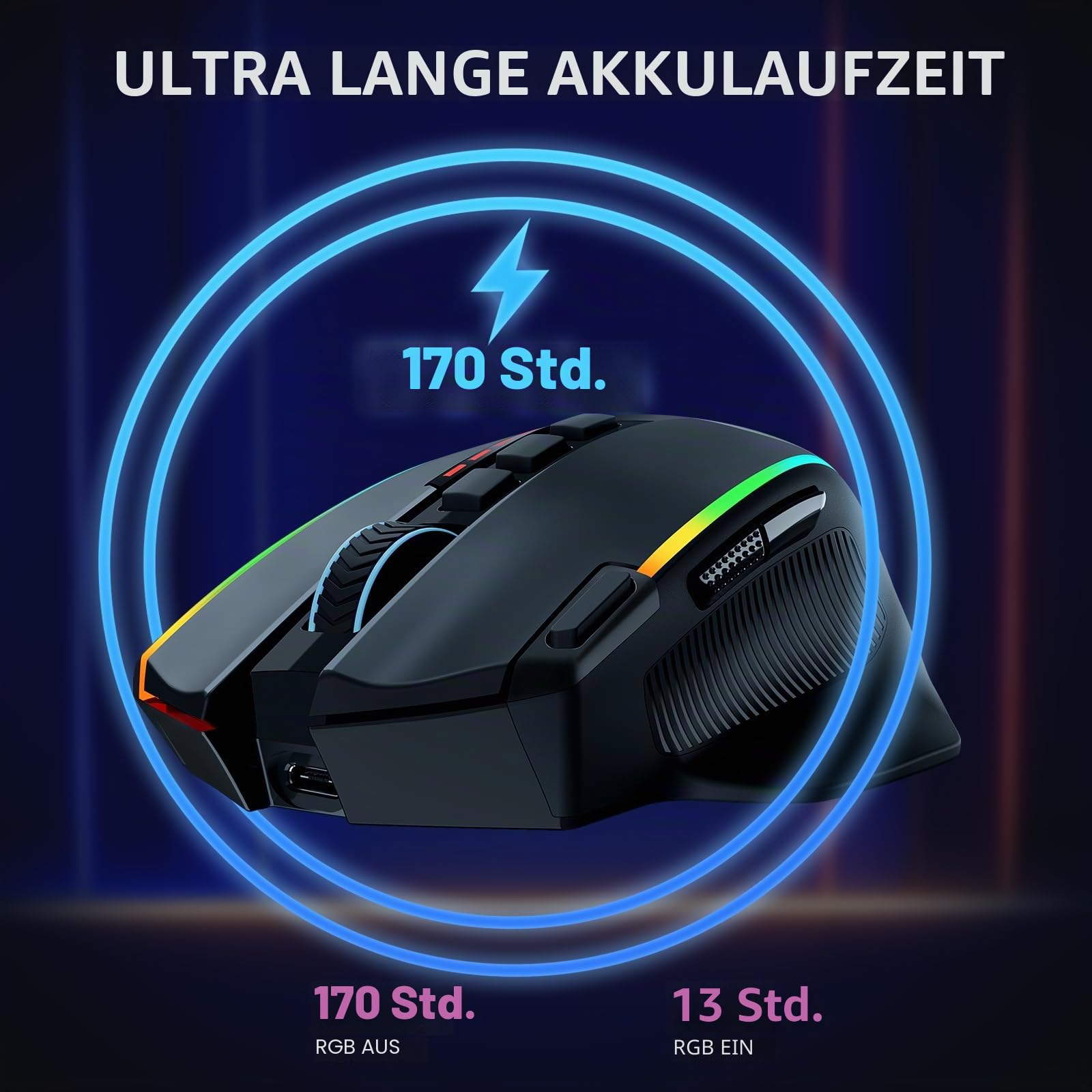 Redragon Kabellose Gaming Maus, 16000 DPI, 2.4G/USB-C, 9 Programmierbare Tasten, Wiederaufladbar RGB, 170Hrs