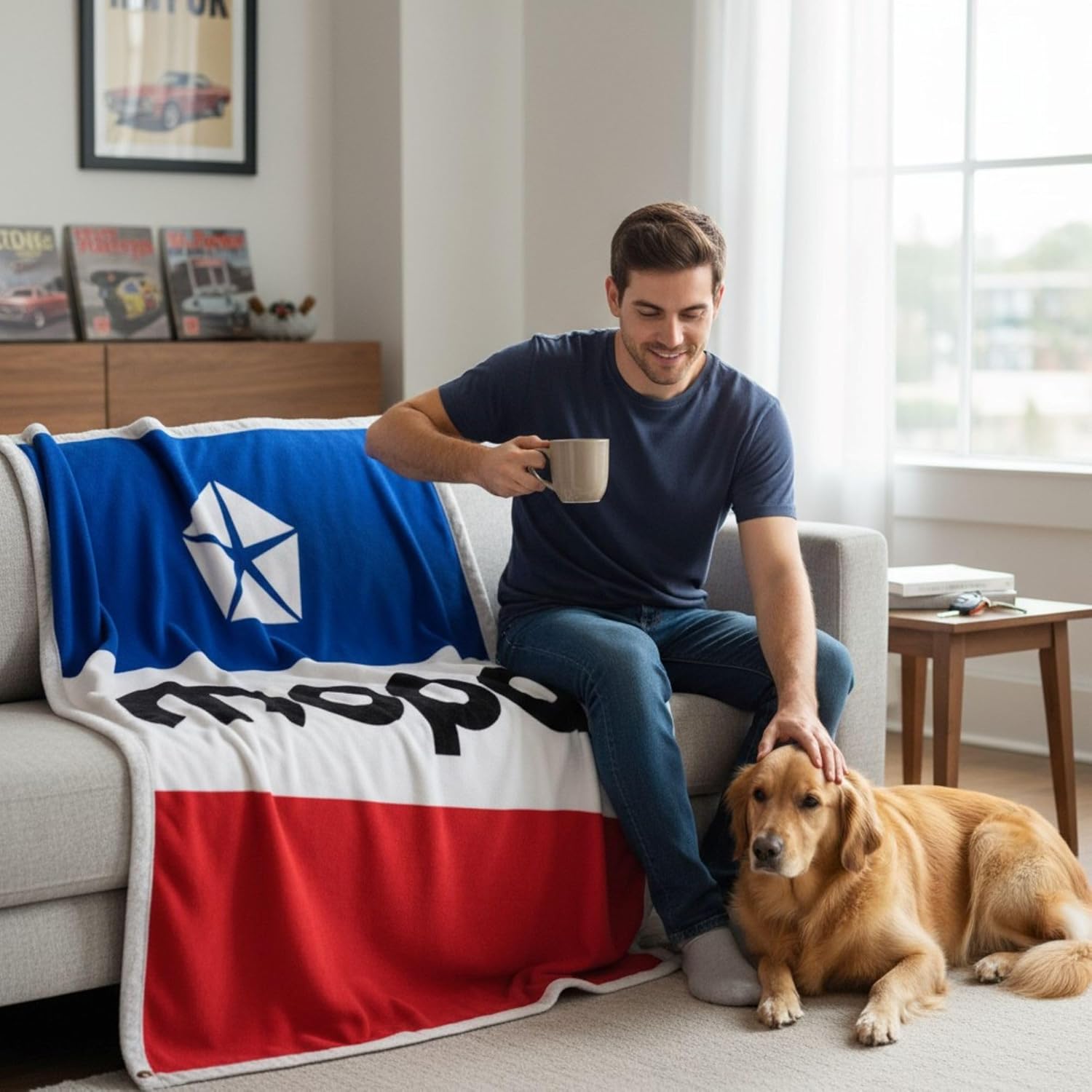 Mopar Classic RWB Red, White and Blue Logo Sherpa Fleece Throw Blanket – Soft and Warm 50" x 60" Gift for Car Enthusiasts