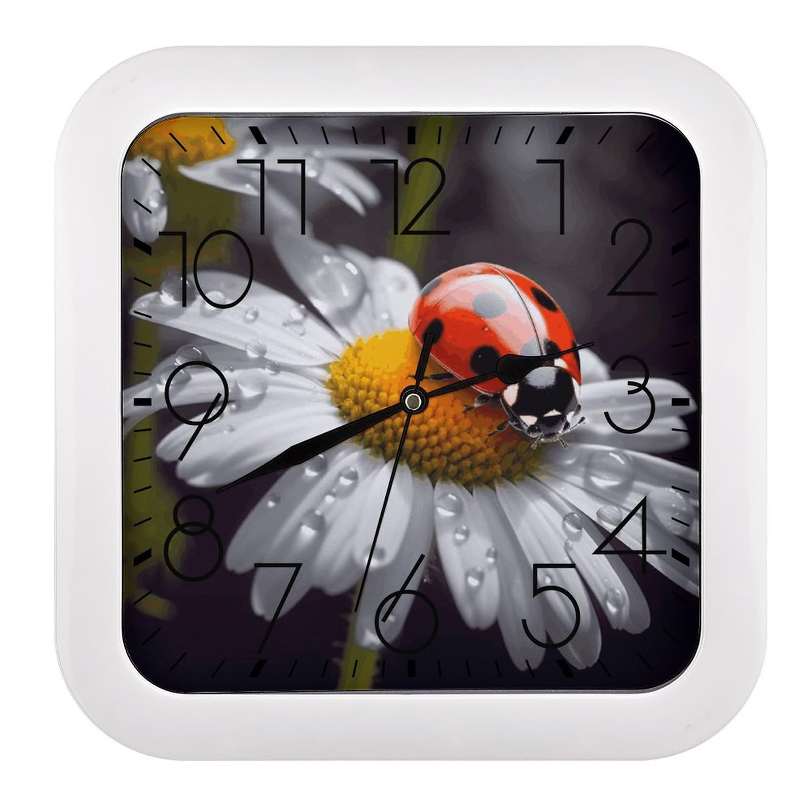 LZQPOEAS Ladybug on Daisy Flower Square Wall Clock, 10.2 Inch Battery Operated Silent Non-Ticking Wall Clock, Square Analog Decorative Clock for Home Wall Art, Living Room, Bedroom, and Office