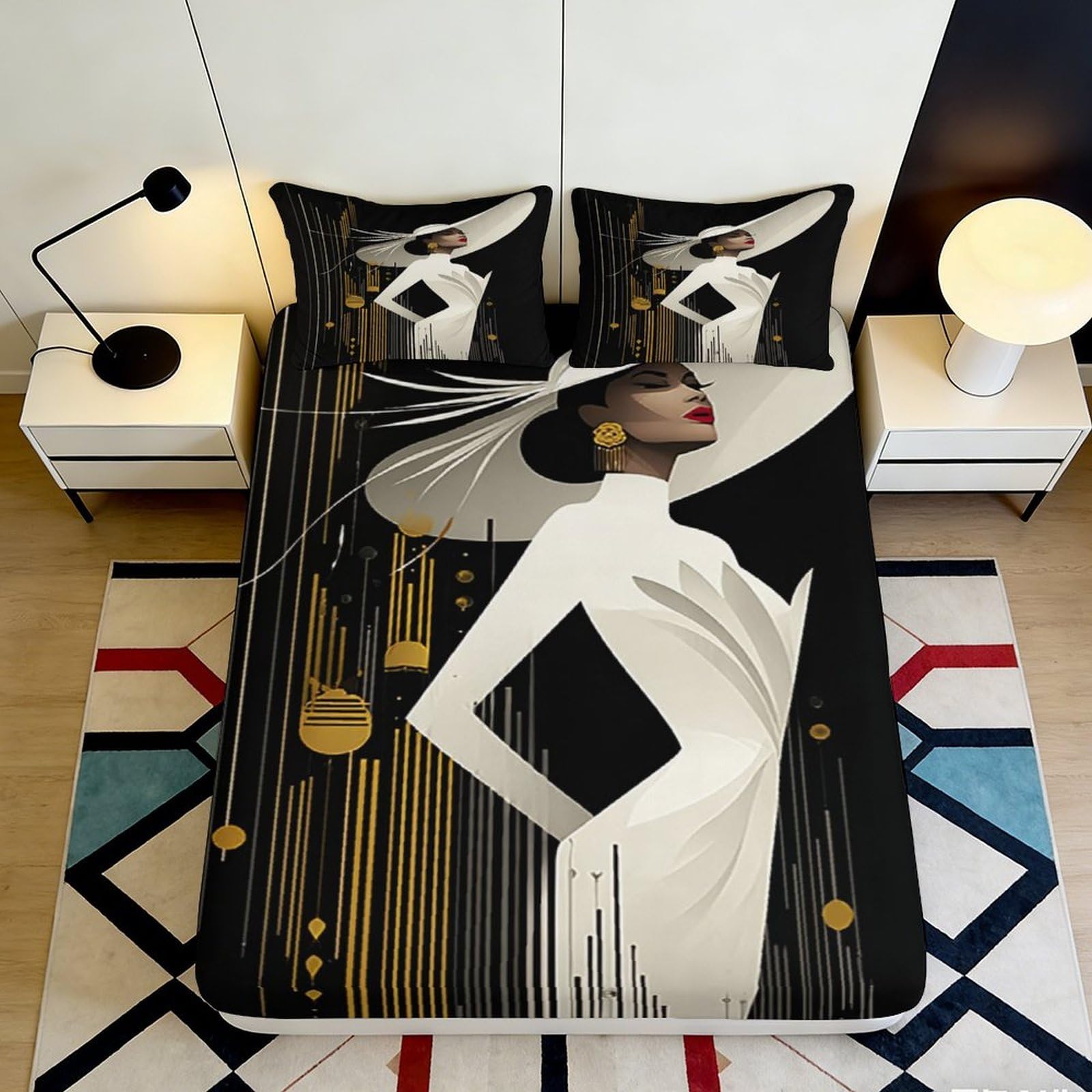 Artistic Bedroom Decor 3D Printed Fitted Sheet Elegant Lady Pattern Microfiber Soft Touch Bed Cover for Home, Guest Room, Apartment Bedding, Easy Care, 118 chars 90x200x25cm
