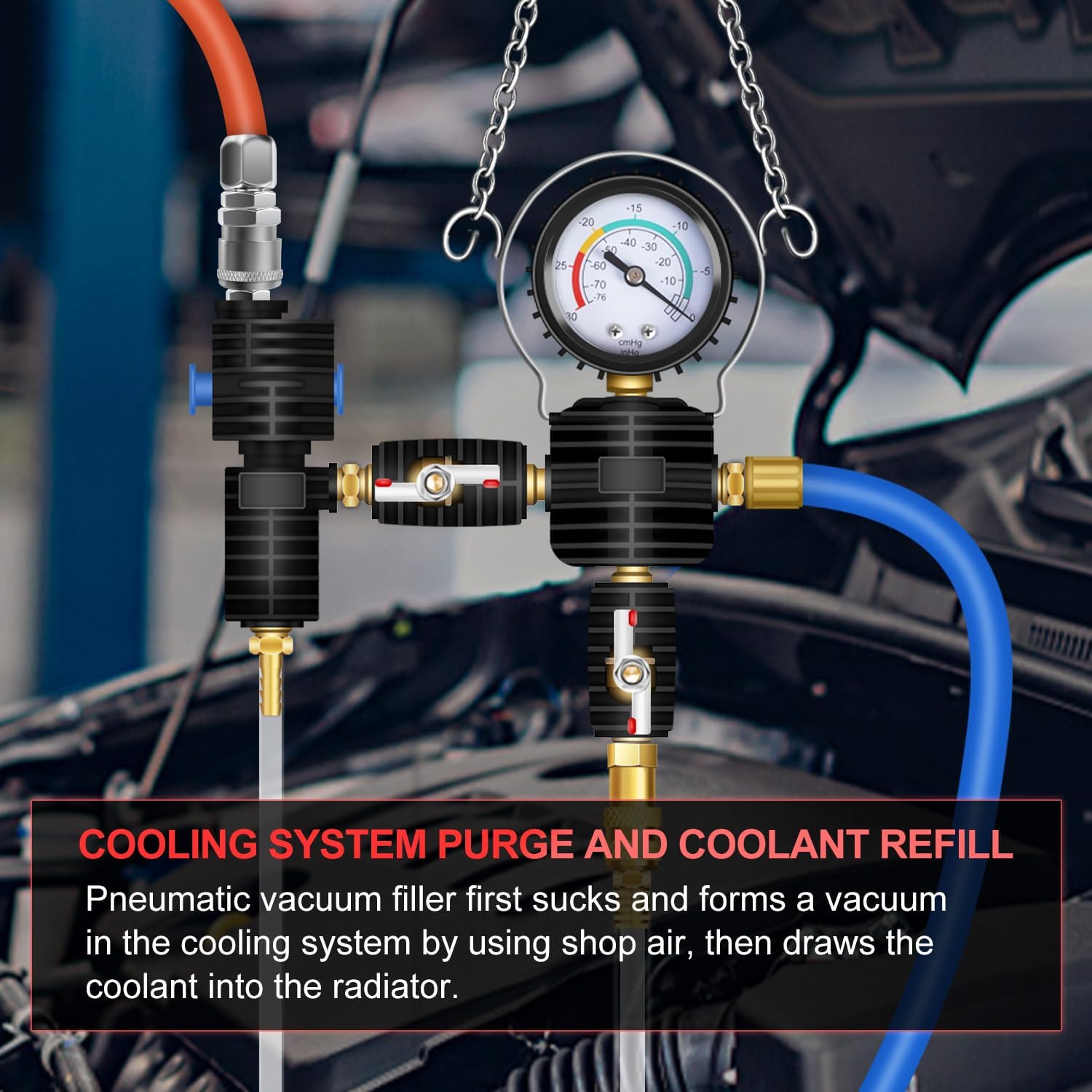 JIFETOR Cooling System Vacuum Purge Radiator Coolant Refill Tool Kit, Universal Automotive Water Tank Pneumatic Vacuum Antifreeze Change Filler Set, with Adapter Case Hose for Car Van SUV Truck