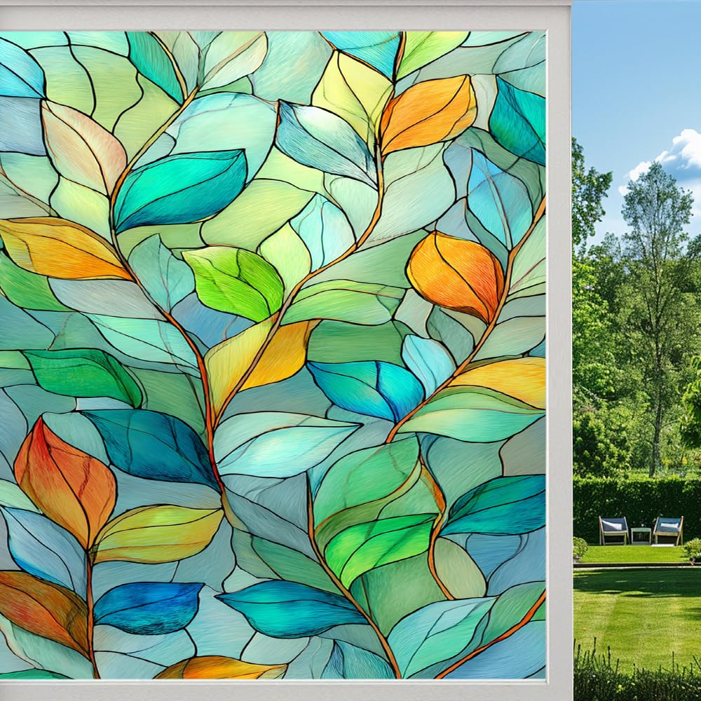 Pmlbaous Watercolor Leaves Privacy Window Film, Natural Plants Leaf Frosted Self-Adhesive Vinyl Cling For Glass Doors Bathroom Windows Sun Blocking Heat Control, （55X100cm）
