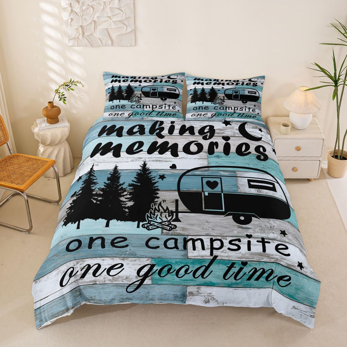 Homemissing Happy Camping Duvet Cover Set Double Size RV Camping Bedding Set for Boys Girls Rustic Duvet Cover Bedroom Decor 3Pcs