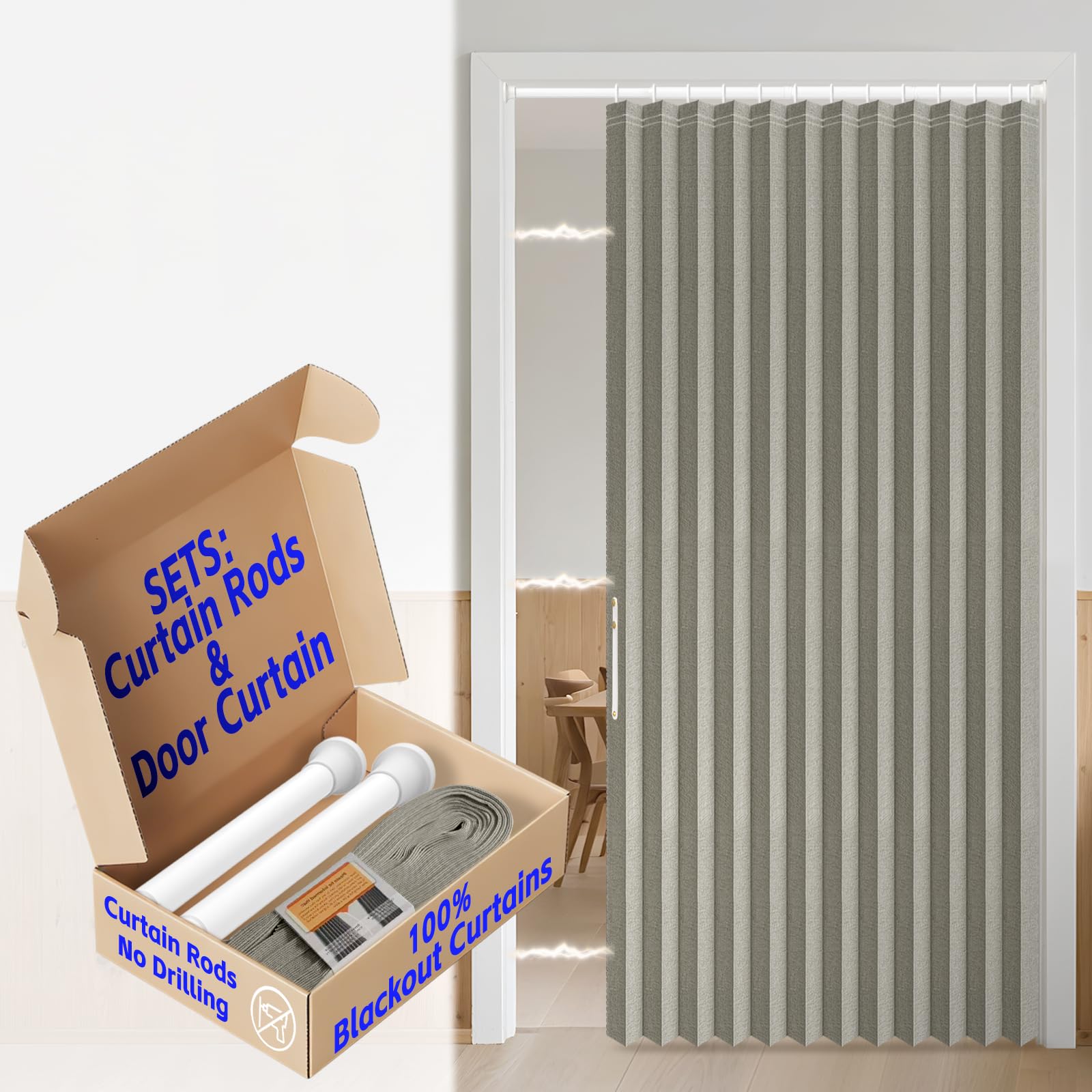 AJAZZ Blackout Accordion Door with Curtain Rods Adjustable 28-52" Long Closet Door Curtain Invisible for Bedroom Room Living Room Doorway (1 Pack, 52 W x 78 L, Grey)