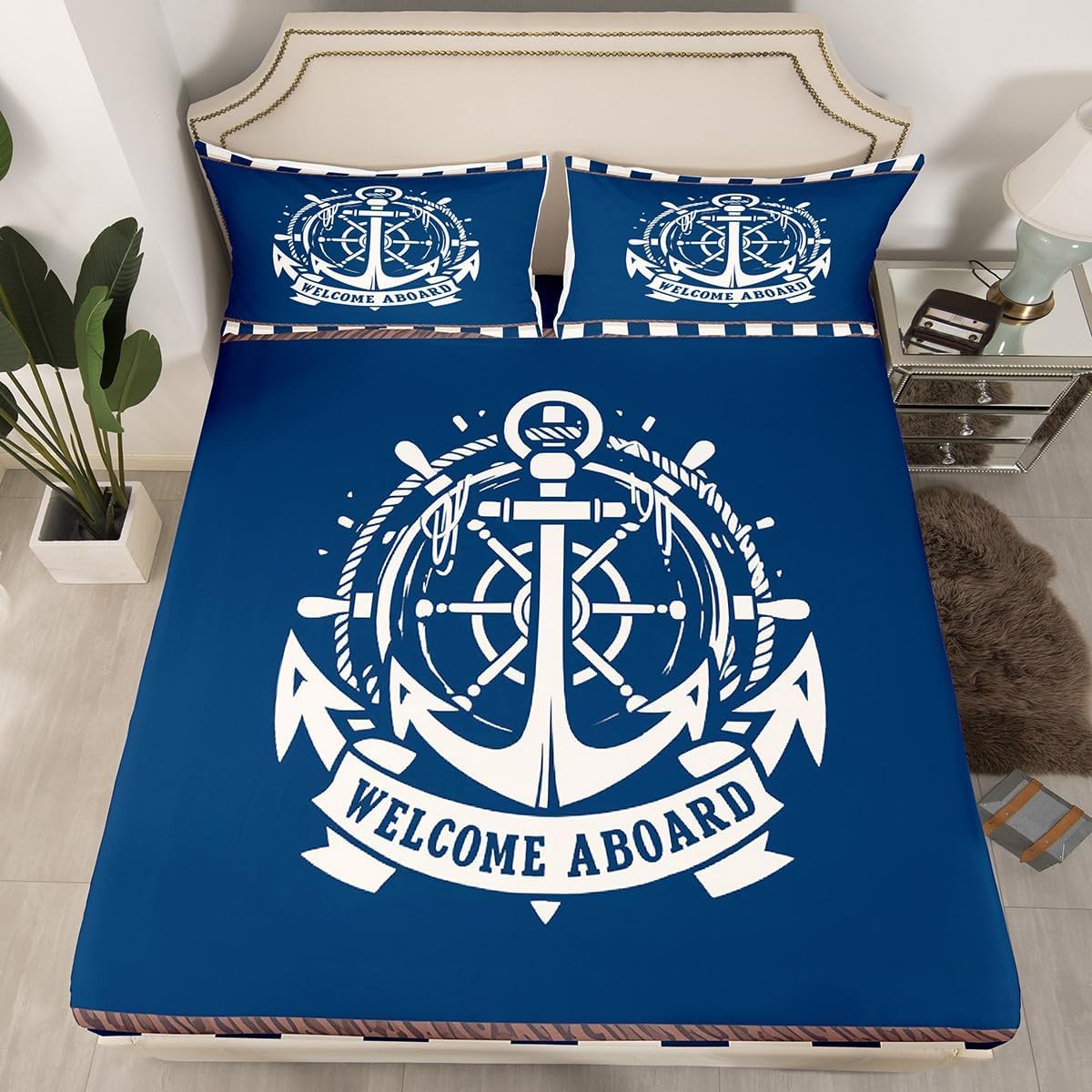 Feelyou Kids Nautical Anchor Sheets,Ocean Sailboat Anchor Bedding Set Full Size,Boys Girls Room Decor,Coastal Compass Bed Sheets,Blue Ocean Theme Sheets Set,1 Fitted Sheet+2 Pillow Sham+1 Flat Sheet