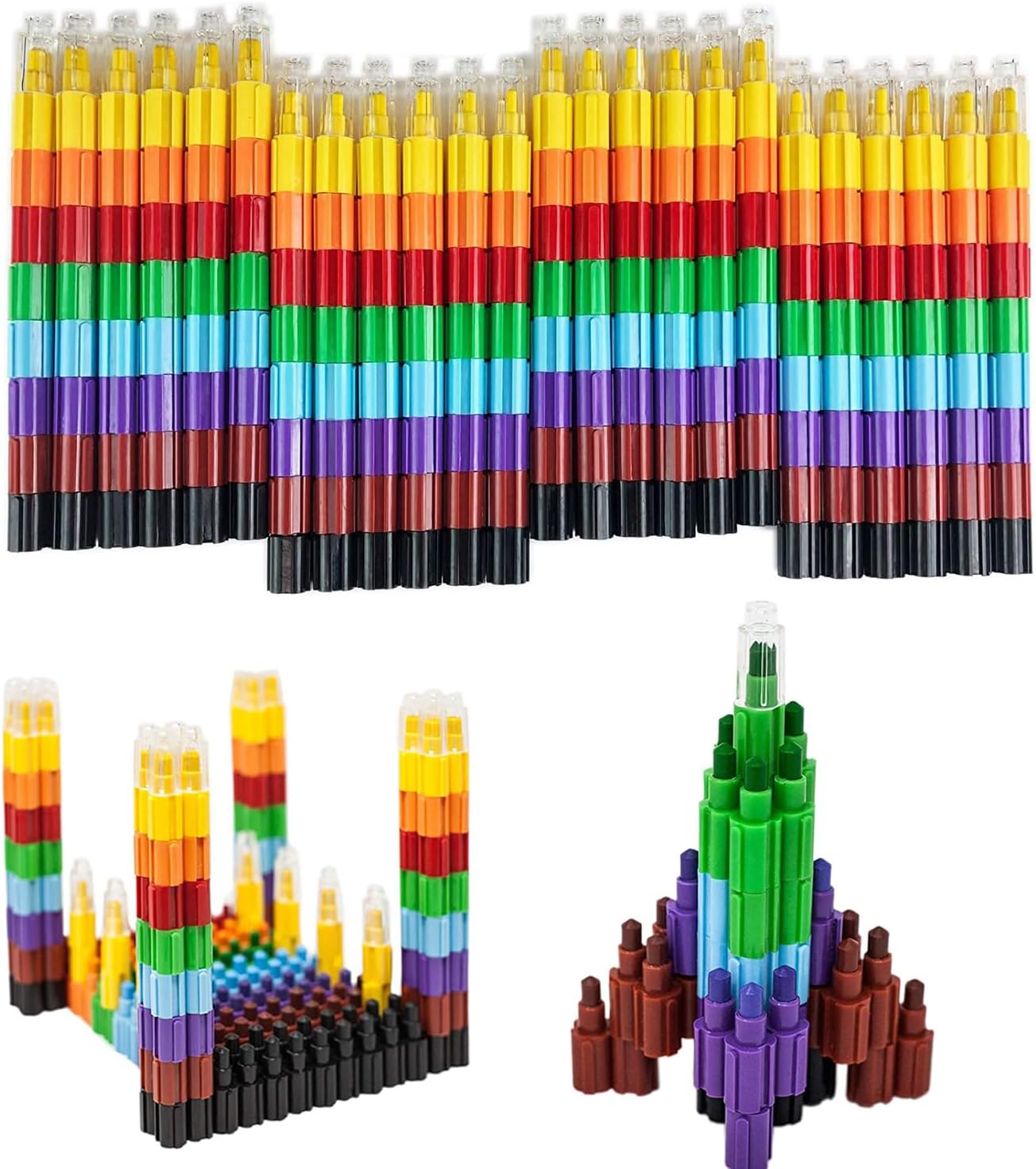 Huji Stacking Buildable 8 Colors Crayons Set, Connect Stack and Build Sideways and Up, Favorite Toys Kids Children Party Favors School Supplies Safe Non-Toxic, Easy to Hold (48)