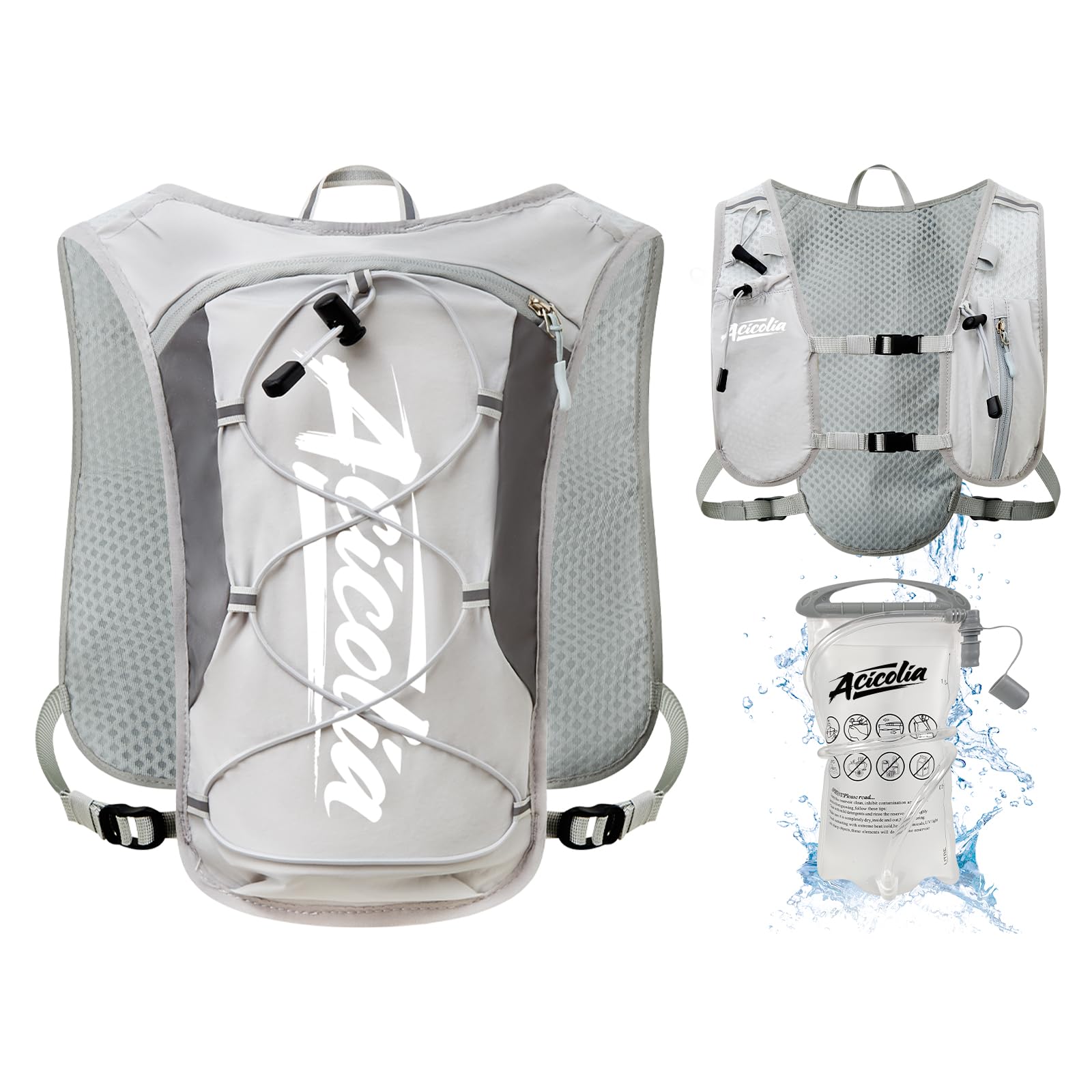 Acicolia Running Vest, Lightweight Hydration Vest for Men Women Breathable & Reflective Running Backpack, With Water Bladder 1500ml ,With Phone Holder & Water Bottle Holder (Gray-2, One Size)