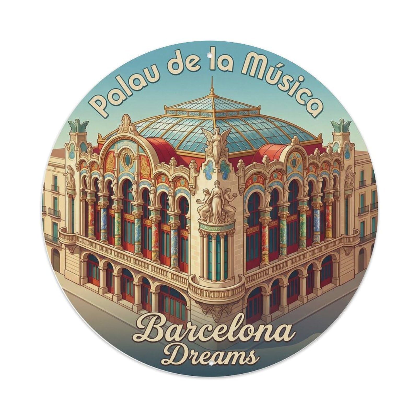 Retro Barcelona Catalan Music Hall Europe Landmark Cityscape Metal Tin Sign Plaque Wall Decor for Cafe, Man Cave, Club Bar, Office, Home Garden Round Metal Poster 8x8Inch