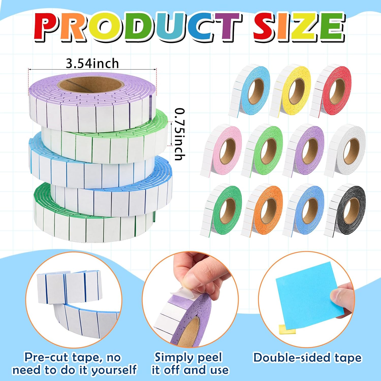 Treela 11 Roll Multi-Color Double Sided EVA Foam Tape,3/4 x 1/2 Inch, 270 Pcs/roll, Adhesive Foam Squares, Self Adhesive Dots for DIY Crafts, Scrapbooking & Card Making