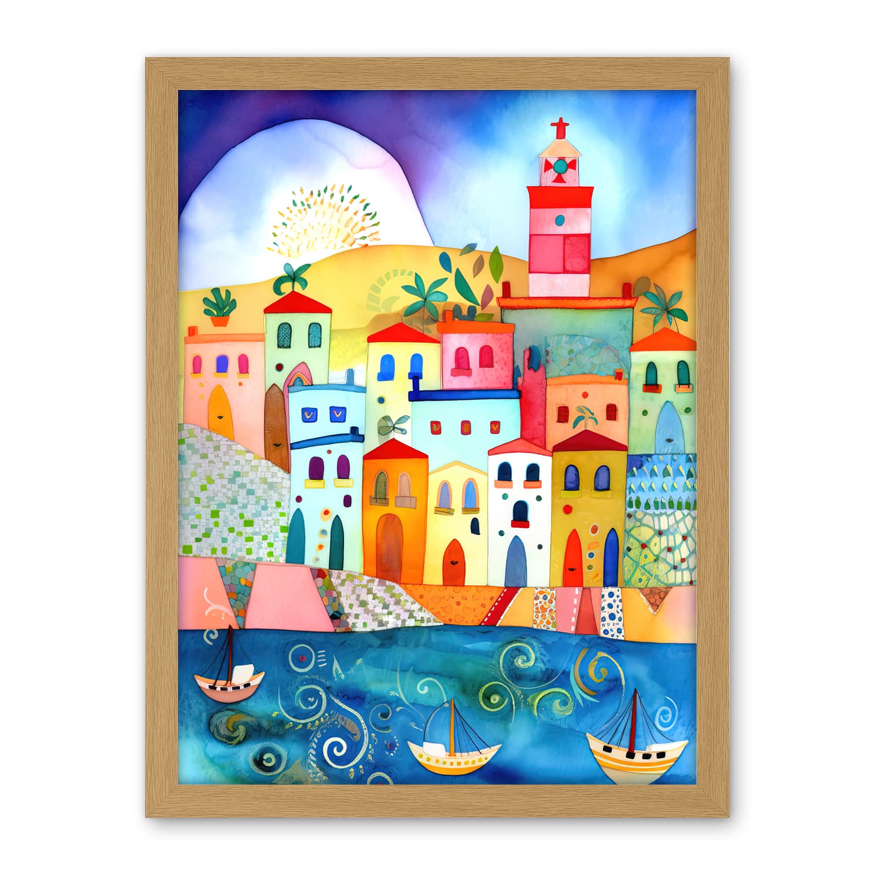 Artery8 Tunisia Seaside Town Folk Art Artwork Framed Wall Art Print 18X24 Inch