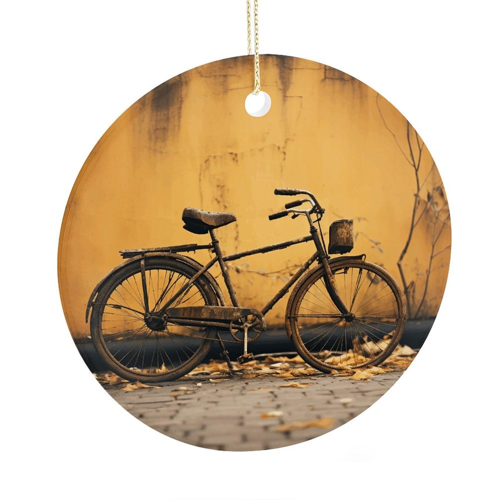 Fekiloot Style Old Rusty Vintage Bicycle Christmas Ornaments 2.9 Inch Round Ceramic Ornament Keepsake Thank You Gifts For Office, Room, Home - Holiday Present Ideas
