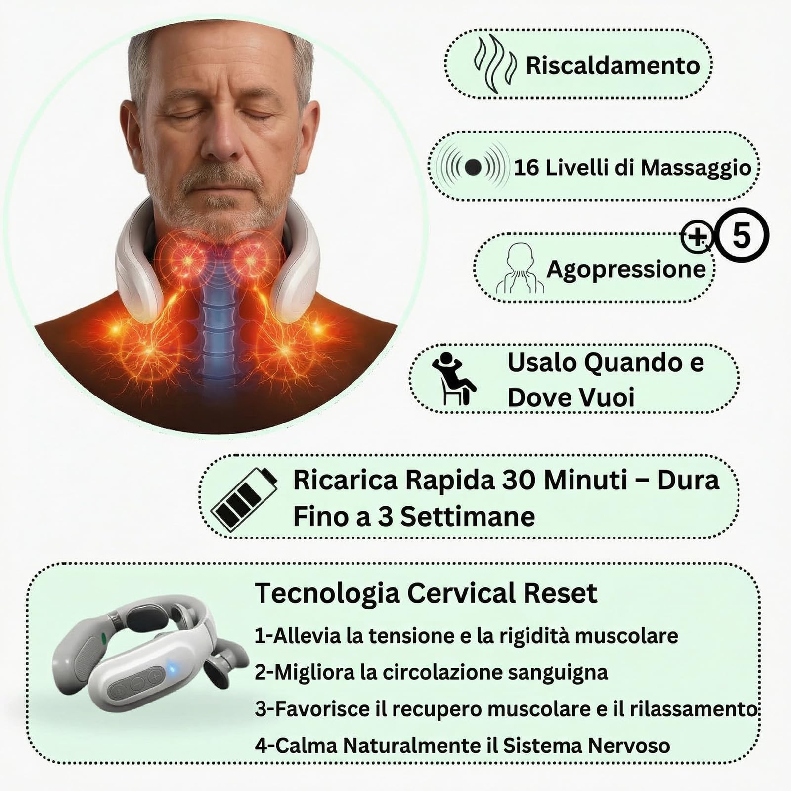 Vertaline CerviRest Massaggiatore Cervicale Elettrico, Dispositivo per Collo e Spalle con Funzione Calore, 6 Programmi, 16 Livelli di Intensità, Stimolazione Muscolare, Design Wireless per Casa e Uffi