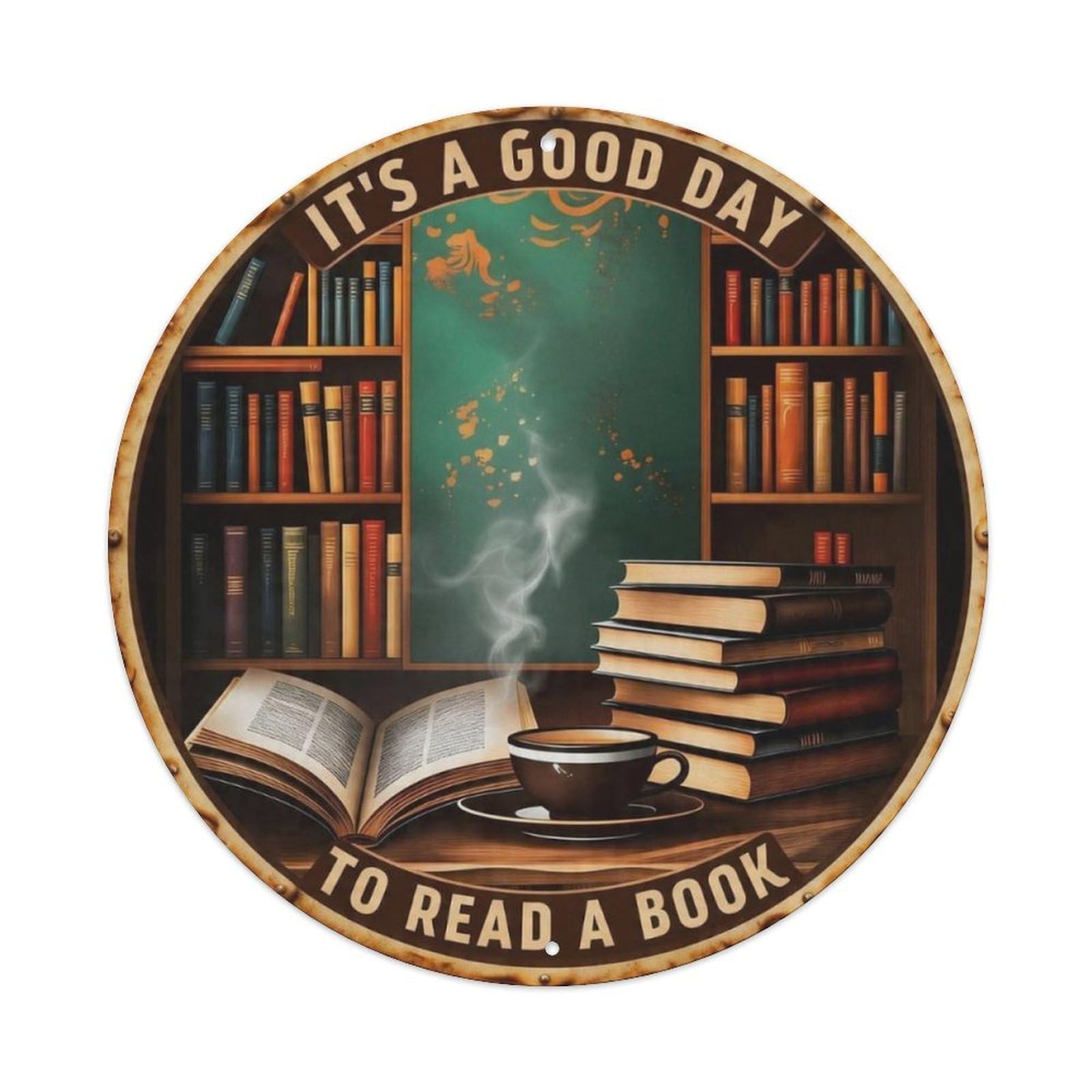 Vintage Library Book Coffee Reading Round Decor Sign Vintage Aluminium Metal Sign, Retro Wall Decor for Home, Bar, Garage & Farmhouse 20x20cm