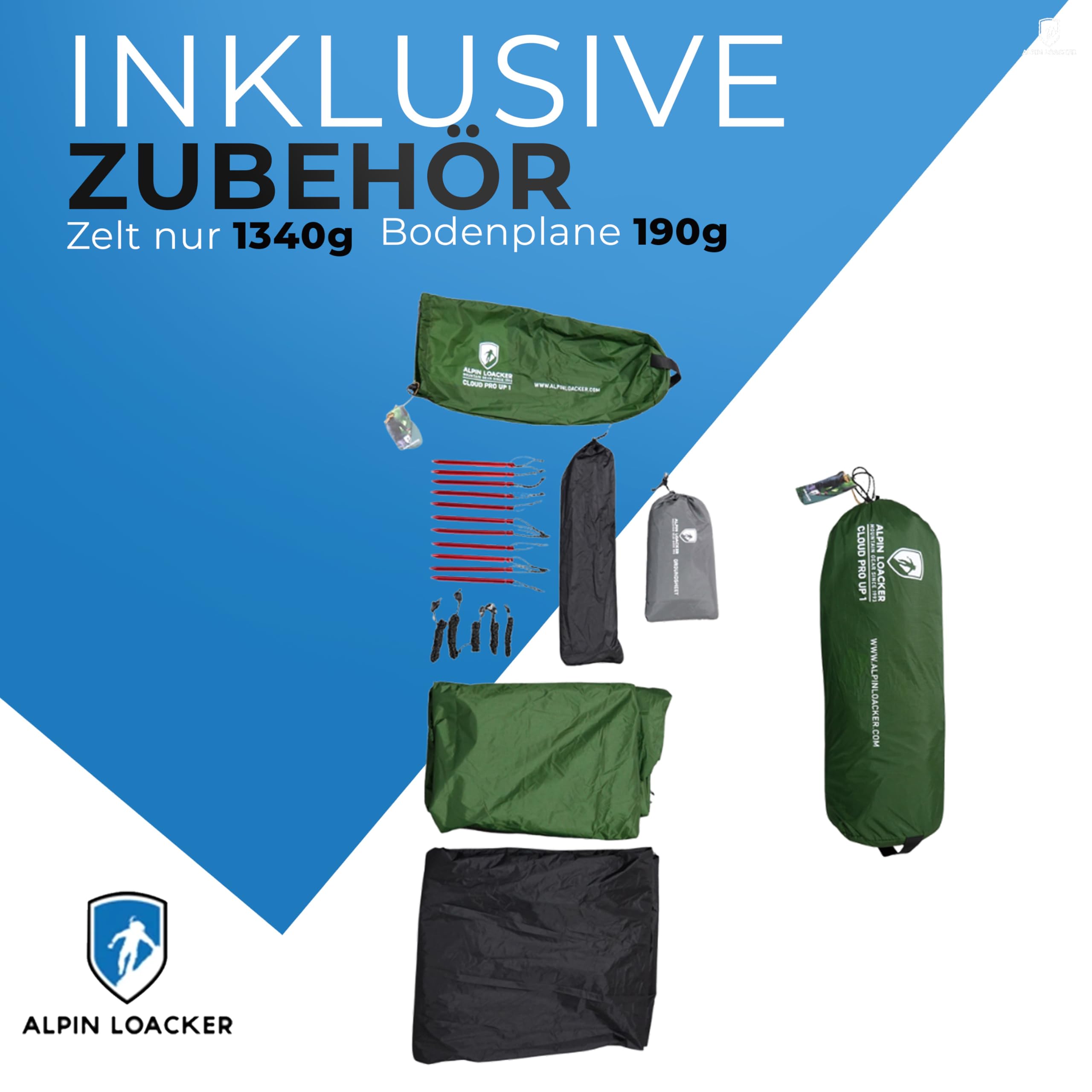 ALPIN LOACKER Cloud Pro Up Zwei Personen und EIN Personen Zelt Ultraleicht I Zweimannzelt und Einmannzelt I Leichtes Trekkingzelt I Bikepacking Kuppelzelt