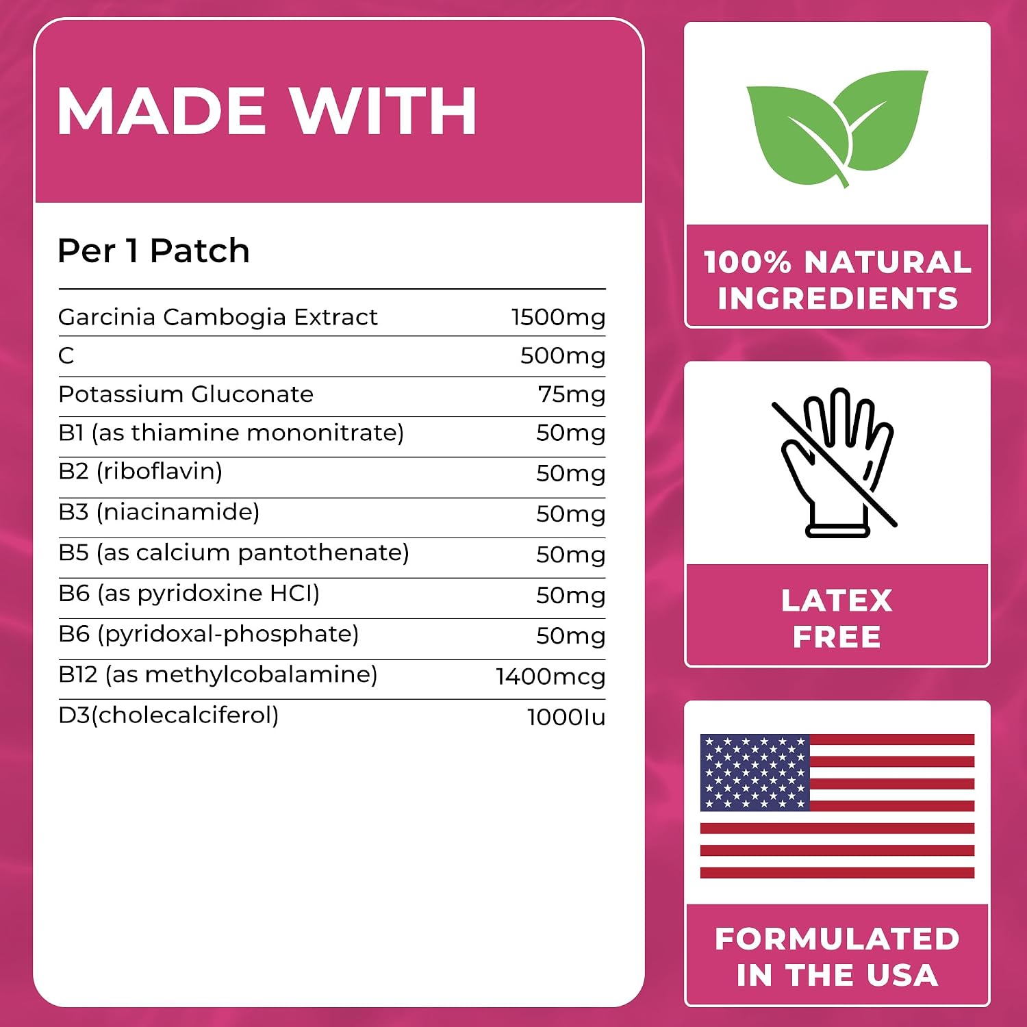 Garcinia Cambogia Patches (Pack of 60) - 100% Natural Patch for Women and Men - With B12 & Potassium - Energy, Focus & Body Support - Enhanced Formula