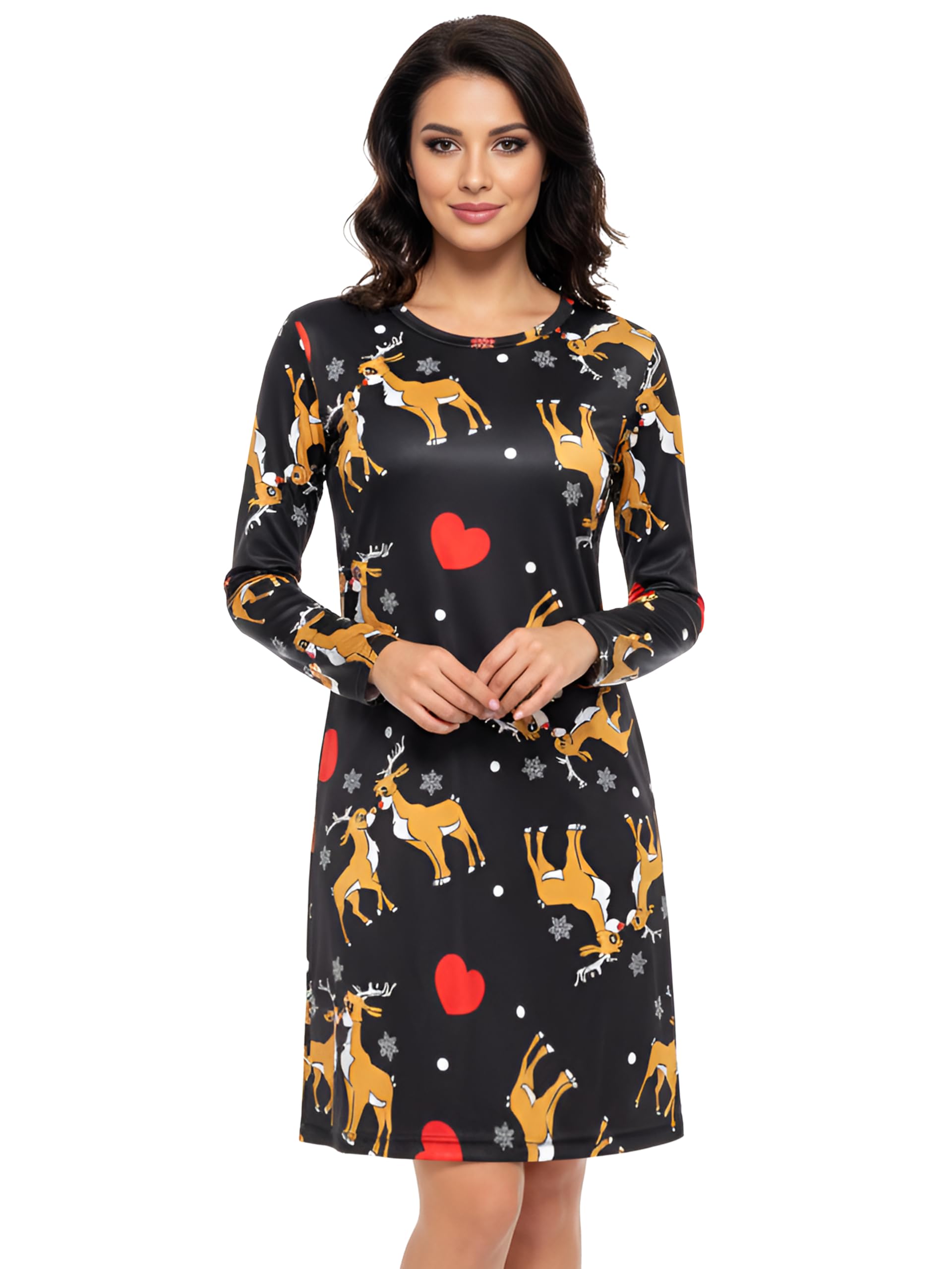 Love My Fashions Women's Kissing Reindeer Christmas Dresses For Uk Xmas Party Costume Adult Reindeer Snowman Santa Snowflake Swing Skater Printed Novelty Tops