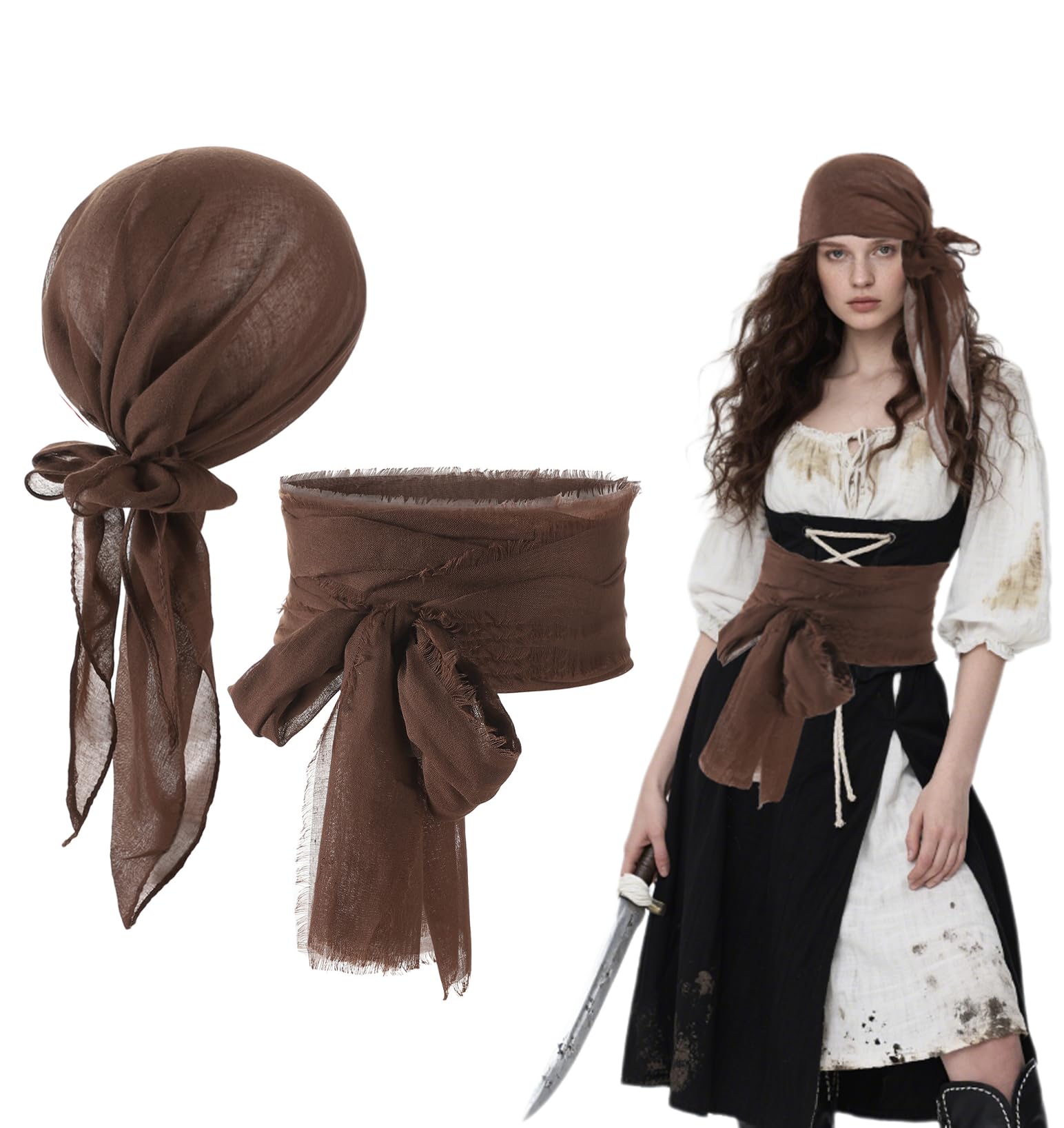 JNGUOSICN 2Pcs Pirate Costume Accessories Men Women Head Scarf Medieval Renaissance Headband Sash Belt Captain Accessories with Pirate Bandana Sash Belt Captain Dress Up Set for Cosplay — image 1