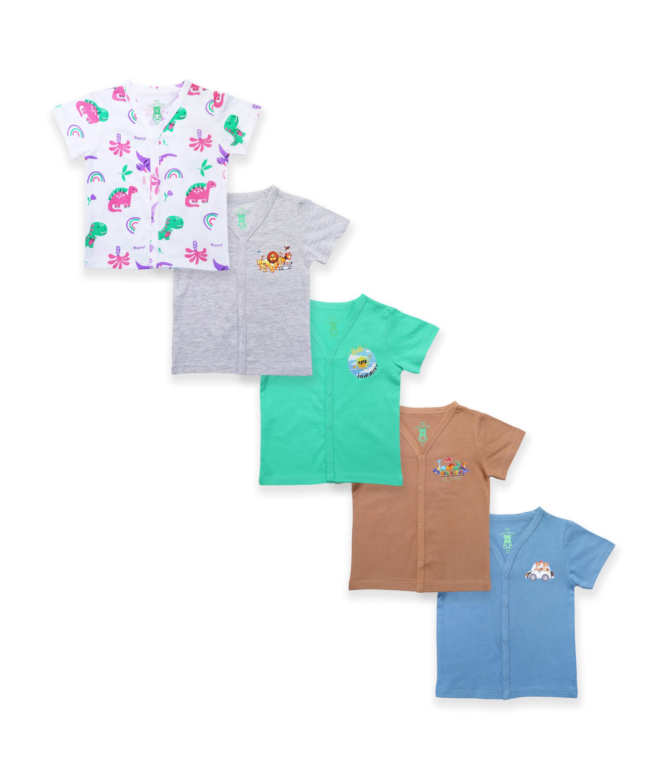 yuv Infant Baby Boys & Girls 100% Soft Cotton Half-Sleeve Front Open Snap Button Multicolour Jabla T-Shirts, Pack of 5-picture-32