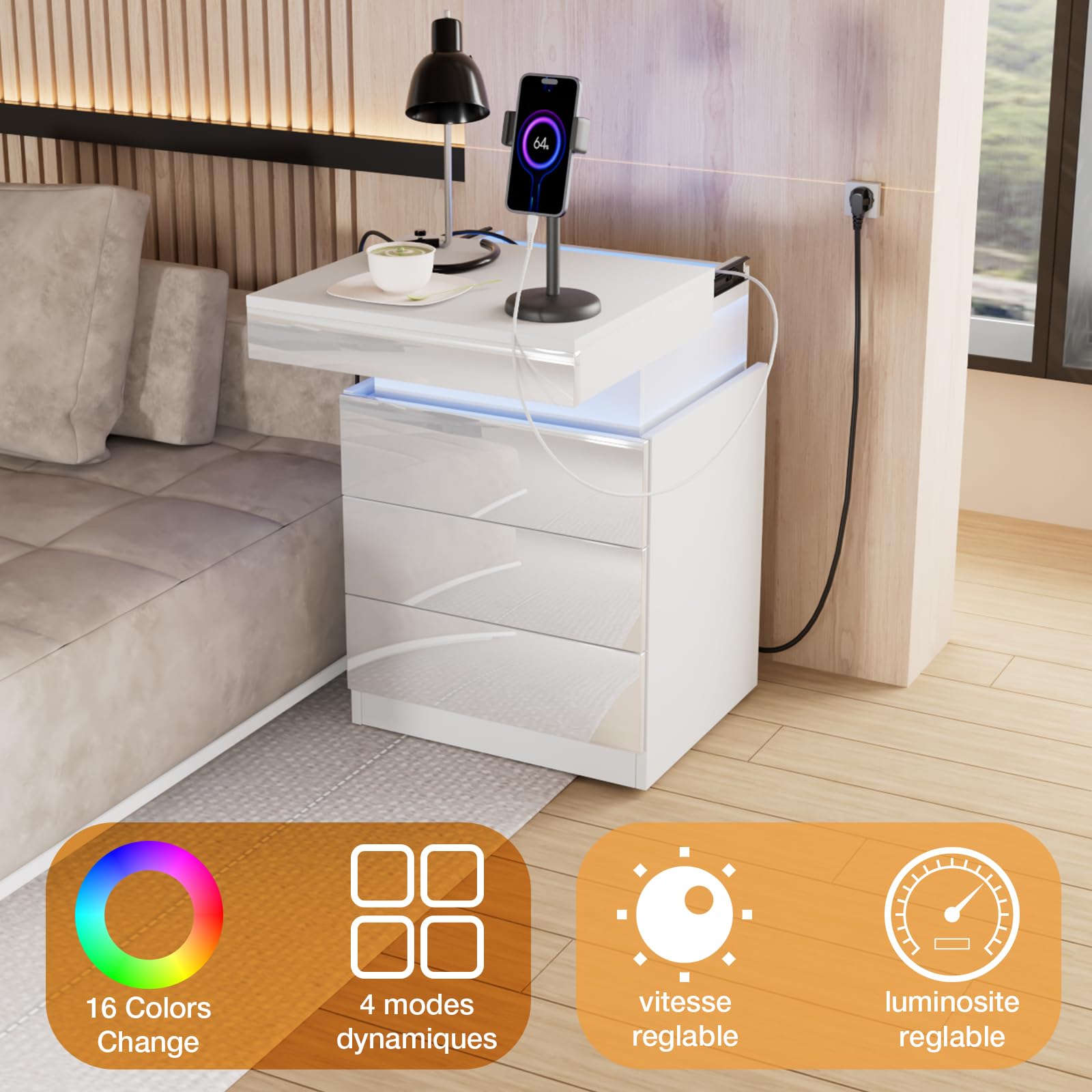 Comodino Bianco con Illuminazione LED,Comodini Camera da Letto Moderno con Presa,Comodino lucido 16 Colori Regolabile,Comodini Soggiorno, Camera da Letto con 3 Cassetti e USB,45x40x67 cm