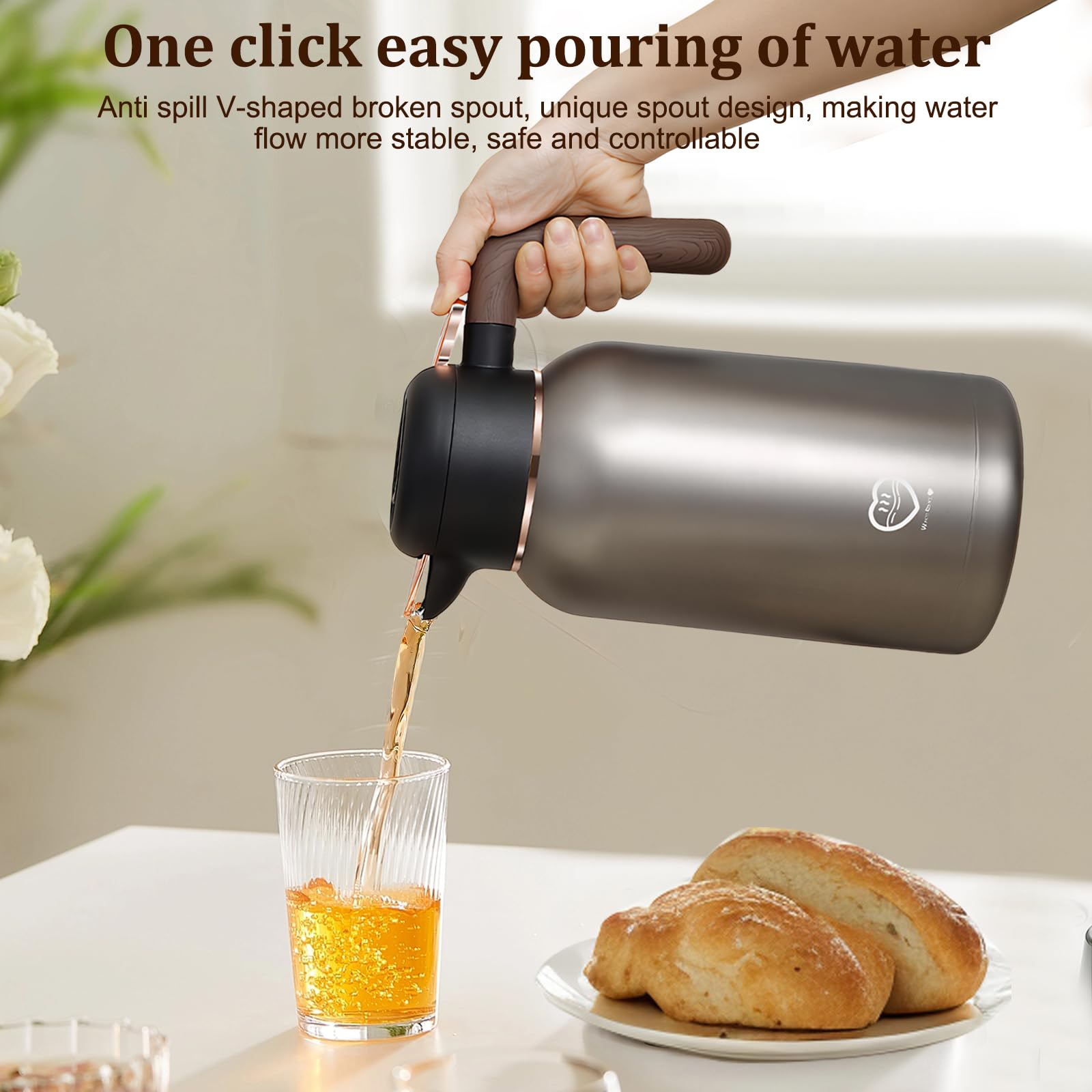 2L Thermoskanne, Kaffeekanne, 24h Heiß, 304 Edelstahl, Ergonomischer Griff, Kaffeekanne Thermo, Isolierkanne Ideal für Kaffee oder Teekanne