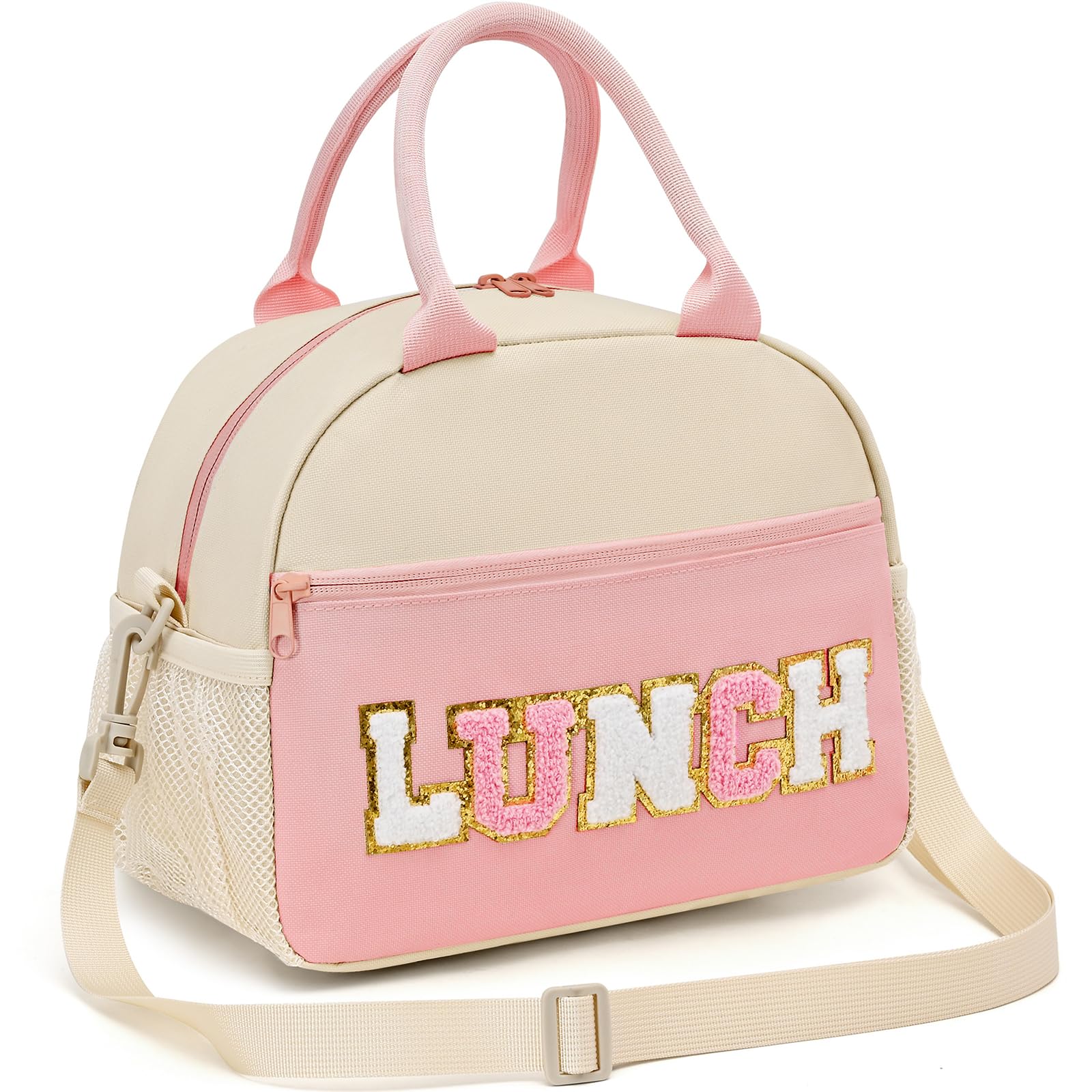 Beaulyn Lunch Bag for Women, Preppy Lunch Box for Girl, Large Insulated Lunch Bag with Adjustable Shoulder Strap, Reusable Lunch Tote Bag with Chenille Letter for Work School Picnic
