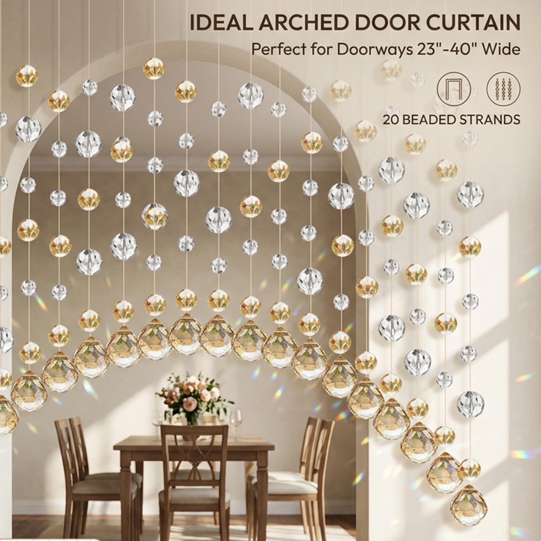 Rideau de Perles de Cristal pour Porte, 20 Cordes, Rideau Perles, séparateur pièce, Rideaux Suspendus pour fenêtres, Chambre à Coucher, Salon, café