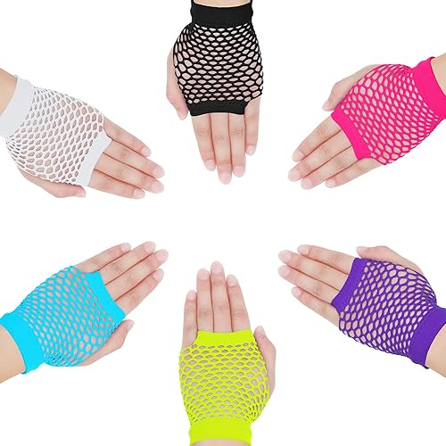 Miniatura 3 de SATINIOR 12 pares de guantes de malla de red de los años 80 y 90 para mujer, guantes largos sin dedos de neón para fiesta de Halloween, disfraz de