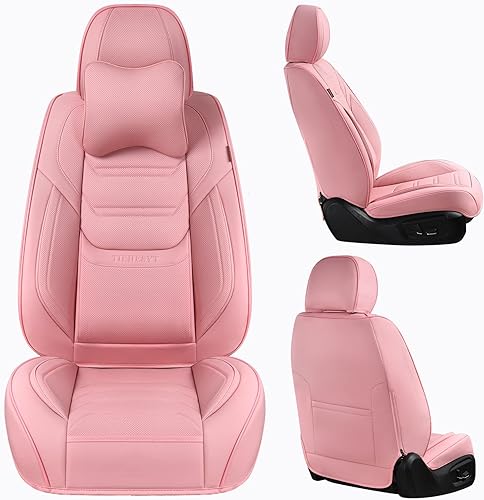 Miniatura 7 de Fundas de asiento delantero de coche color rosa con reposacabezas, cuero transpirable, 1 par de ajuste universal para sedanes, SUV, camiones