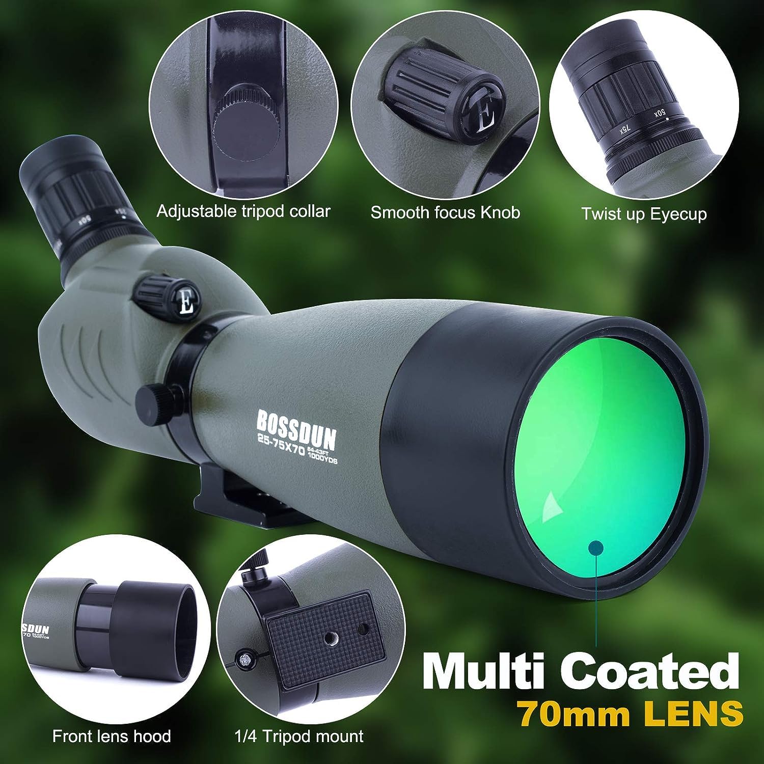 25-75x70 Telescopio Terrestre con Trípode, Bolsa de Transporte y Adaptador de Teléfono Inteligente,para Turismo Safari Observación de Estrellas Tiro con Arco Camping Paisaje de Vida Silvestre