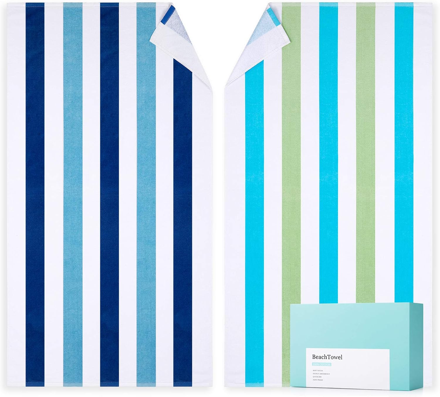 WIIKWEEK Large Beach Towel, 100% Cotton Stripe Pool Towel for Swim, SPA, Yoga, Travel-Soft, Highly Absorbent, Skin Friendly (30" x 60", 2 Pack)