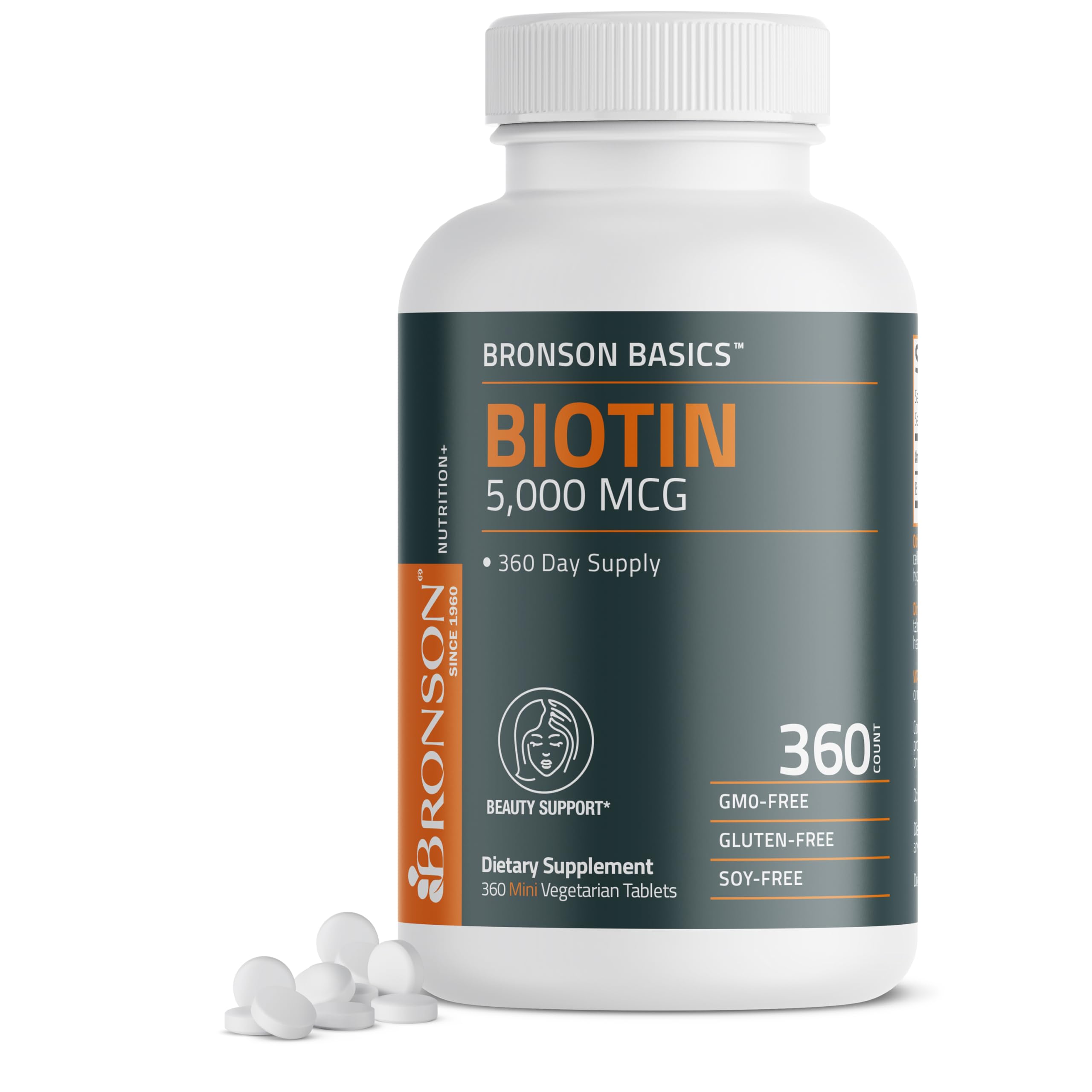 Bronson Biotin 5,000 MCG Supports Healthy Hair, Skin & Nails & Energy Production - High Potency Beauty Support - Non-GMO, 360 Vegetarian Tablets
