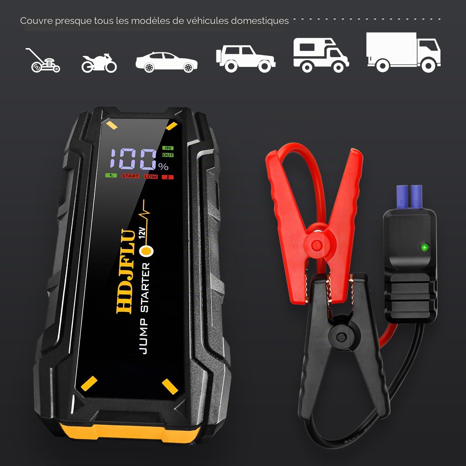 Démarreur de Voiture Portable HDJFLU 3000A (7,0 litres pour Le Moteur à Essence et 5,5 litres pour Le Moteur Diesel), Batterie de Voiture 12v, câble de démarrage Intelligent, éclairage