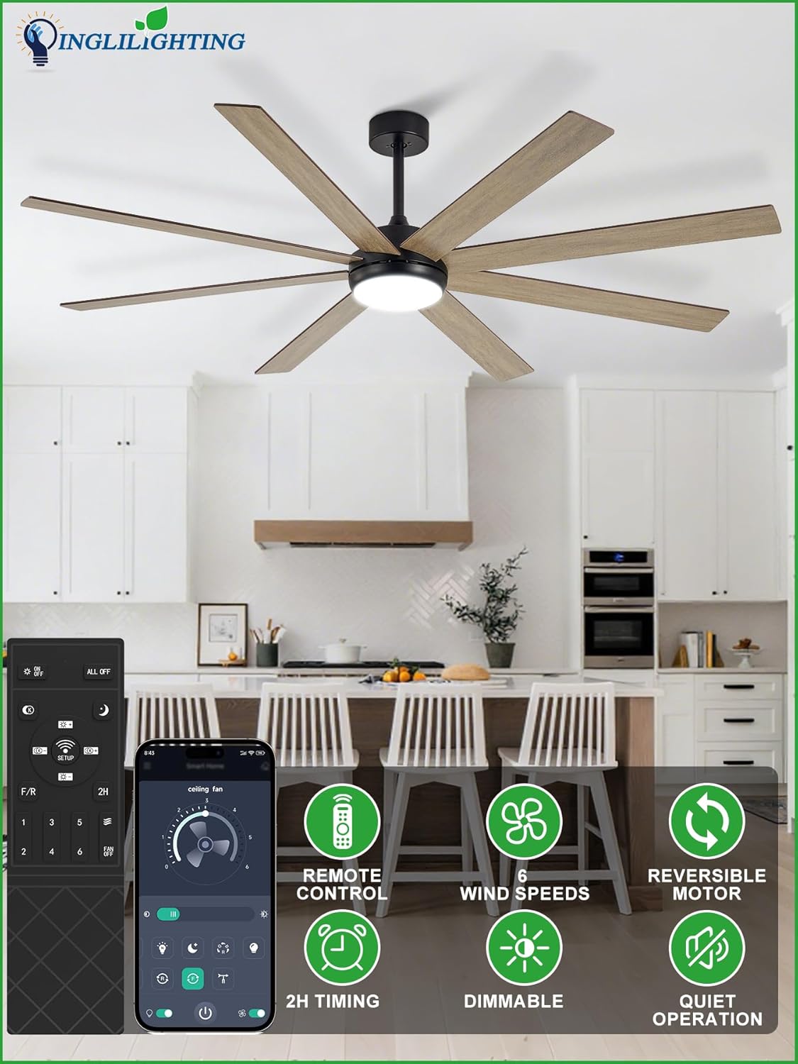 DLLT Large Ceiling Fans with Lights: 72in Modern Indoor/Outdoor Ceiling Fan for Living Room Patio - Grey Ceiling Fans with Remote APP Control 8 Blades Reversible Quiet DC Motor Timer 6 Speeds 3 CCT