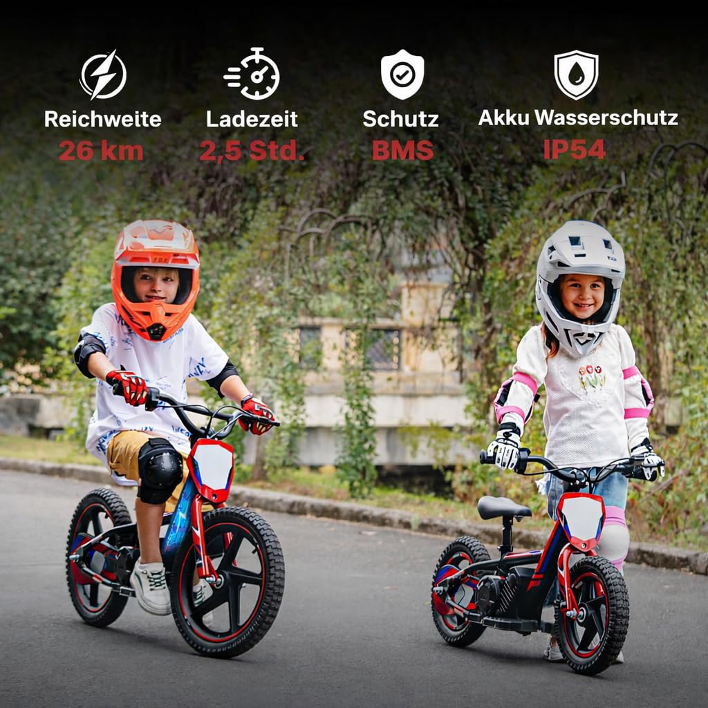 RFN Elektrisches Dirtbike für Kinder, 170 W, elektrisches Laufrad mit 24 V 2,6 Ah Akku, 30,5 cm Off-Road-Reifen, Leichter Aluminiumrahmen, Elektromotorrad, Alter 4–8 Jahre