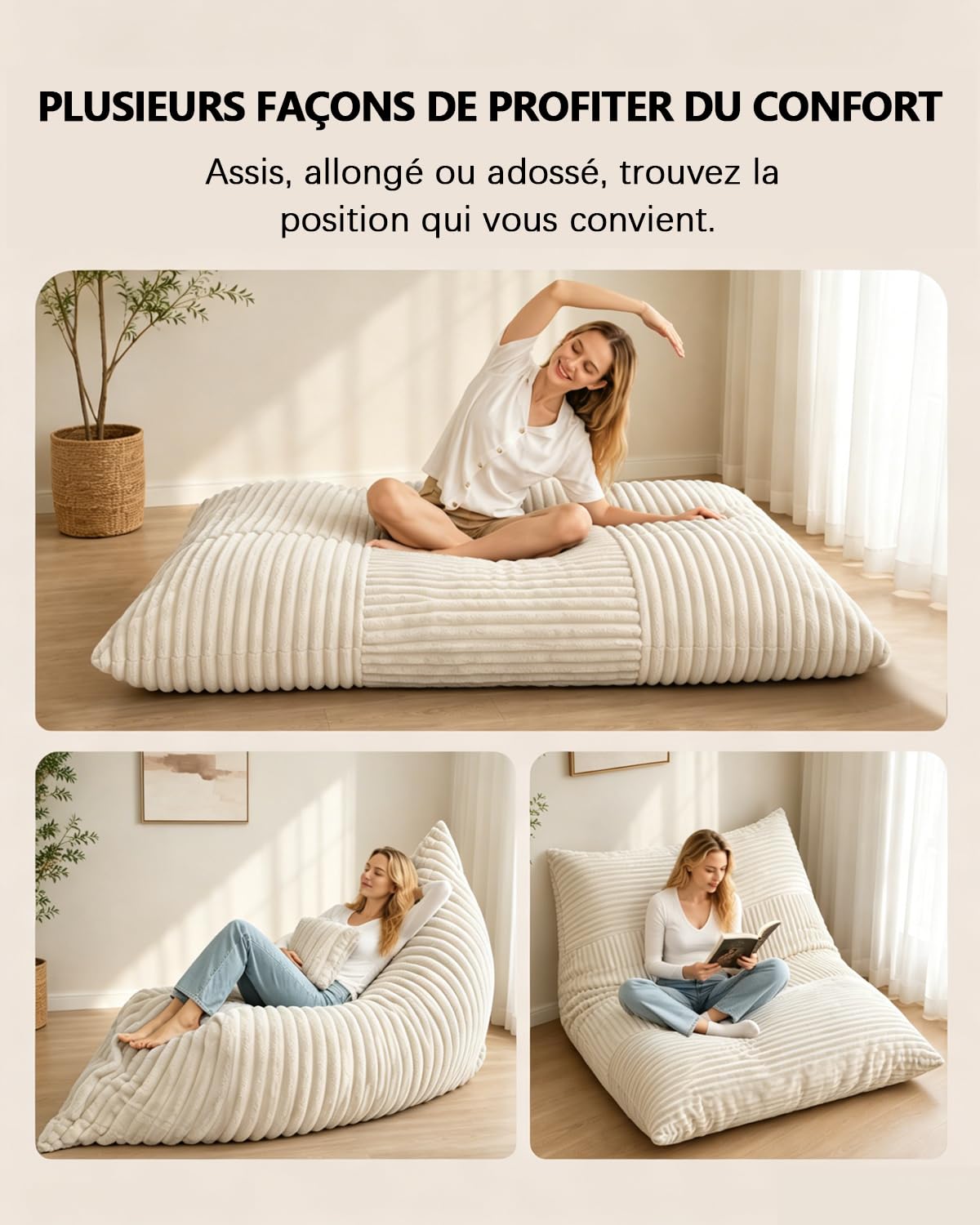 Combet Pouf Géant XXL Fauteuil Adulte, Salon Chambre, Beige