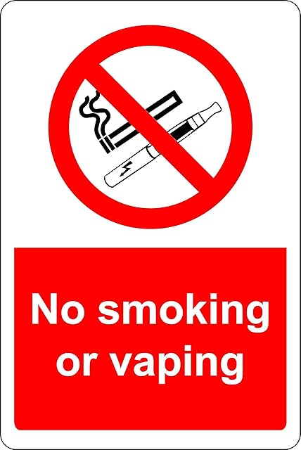 No smoking or vaping e-cigarette Safety sign - 1.2mm Rigid plastic 200mm x 150mm